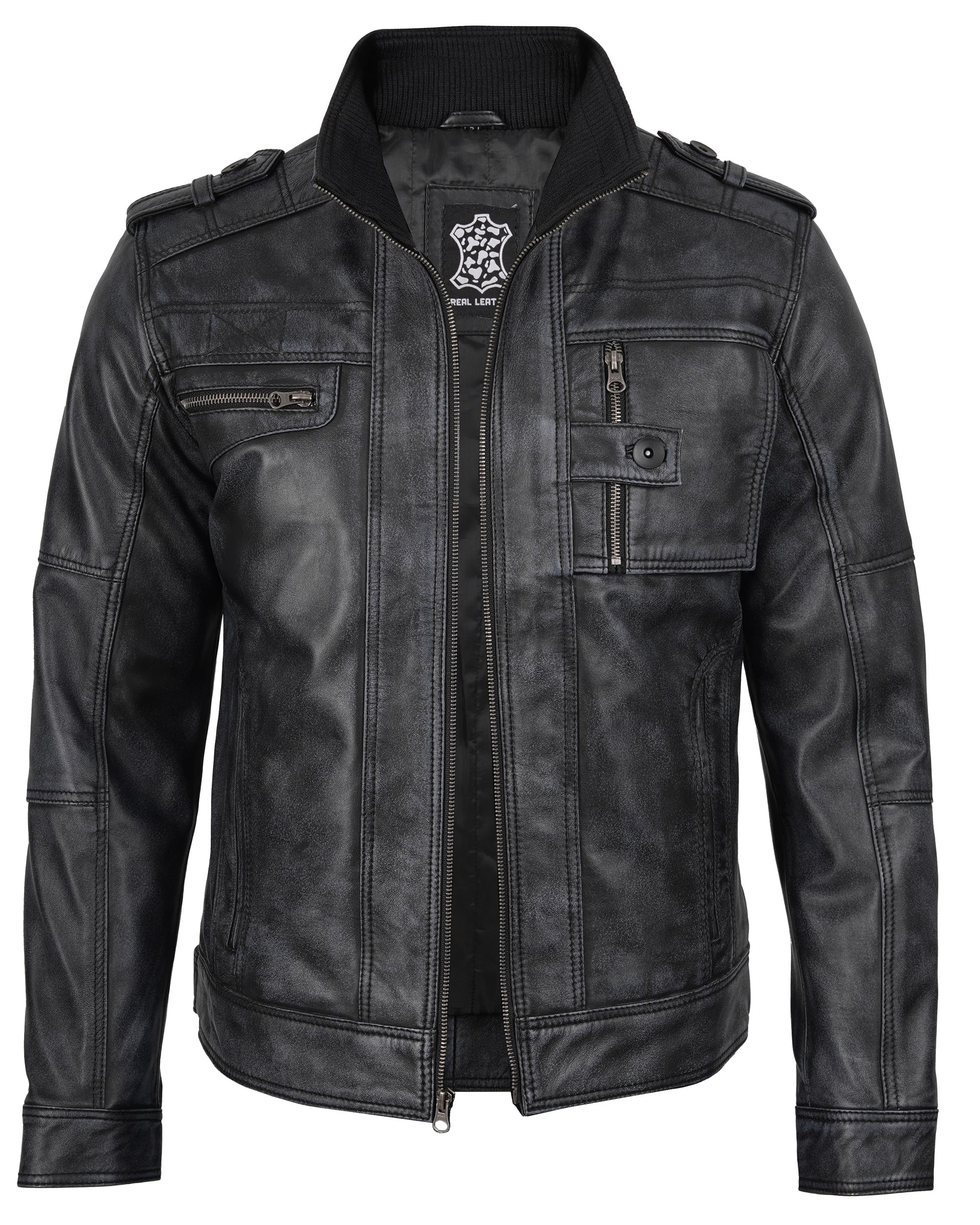fjackets Cafe Racer Giacca in pelle da uomo - Vera pelle di agnello naturale grana giacche stile moto per uomo