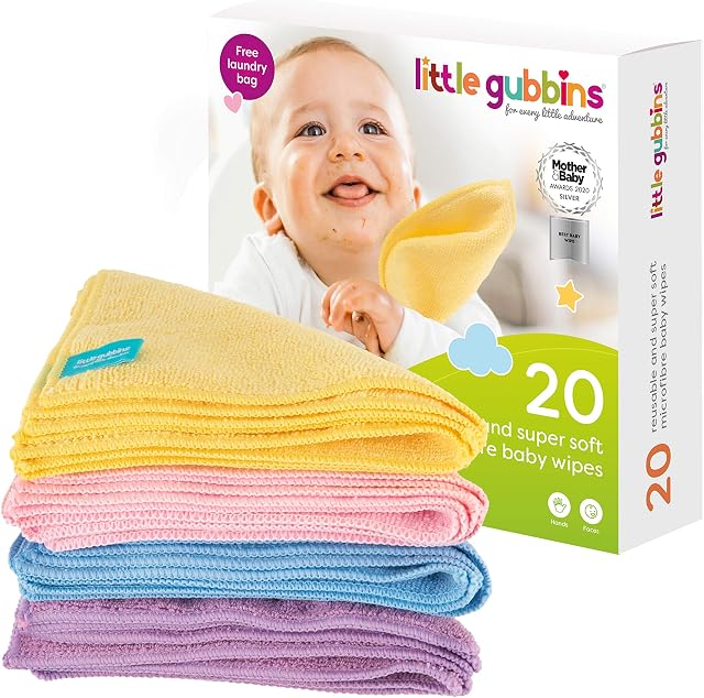 Little Gubbins 20 Microfibre Baby Wipes with Free Laundry Bag | Pack of 20 x 20cm Reusable, Washable, Dry, Unscented Cloths | Multipack of Rainbow Colours Ideal for Hands & Faces