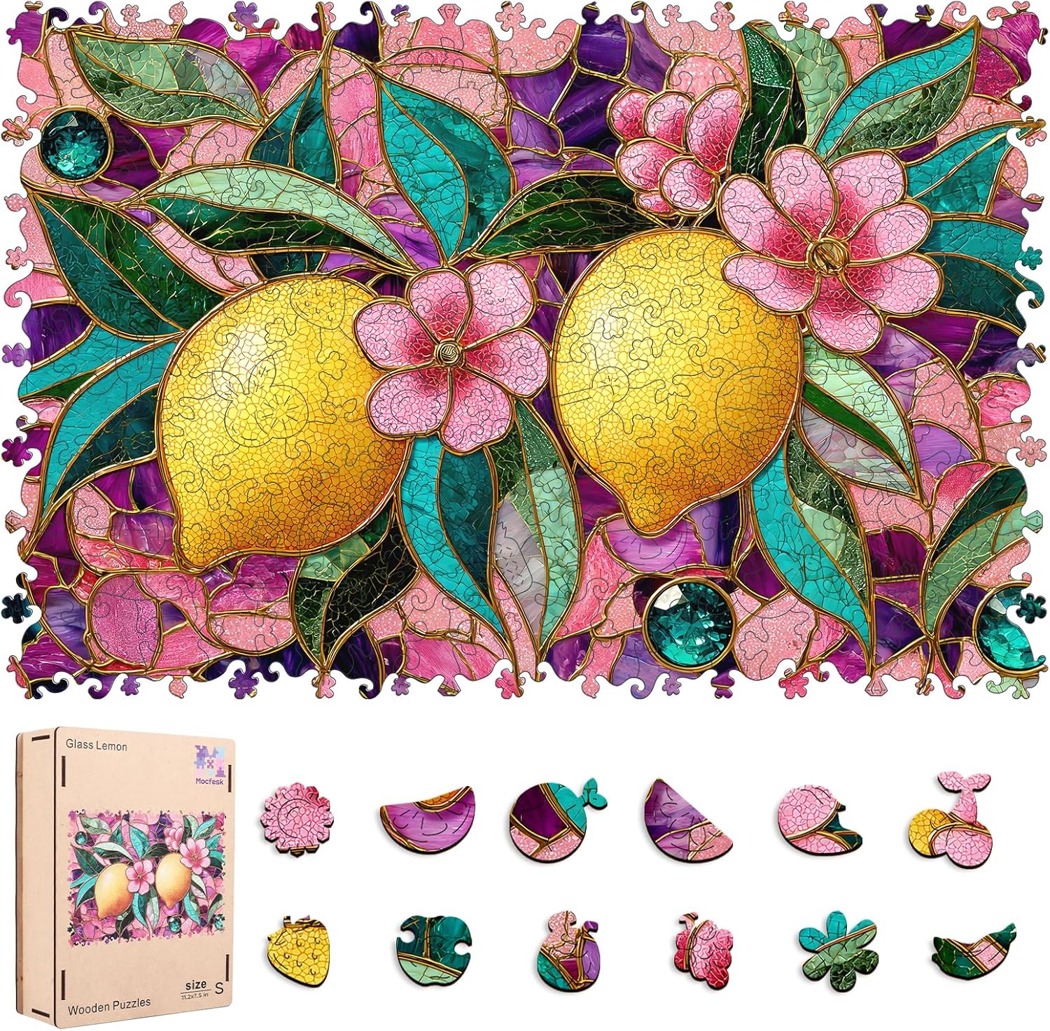 Mocfesk Wooden Puzzles for Adults, Stained Glass Succulent Puzzles 500 Pieces, Unique Shaped Jigsaw Puzzles for Adults and Kids, Birthday Gifts Fun Challenge Family Game 16.5'' x 16.5''