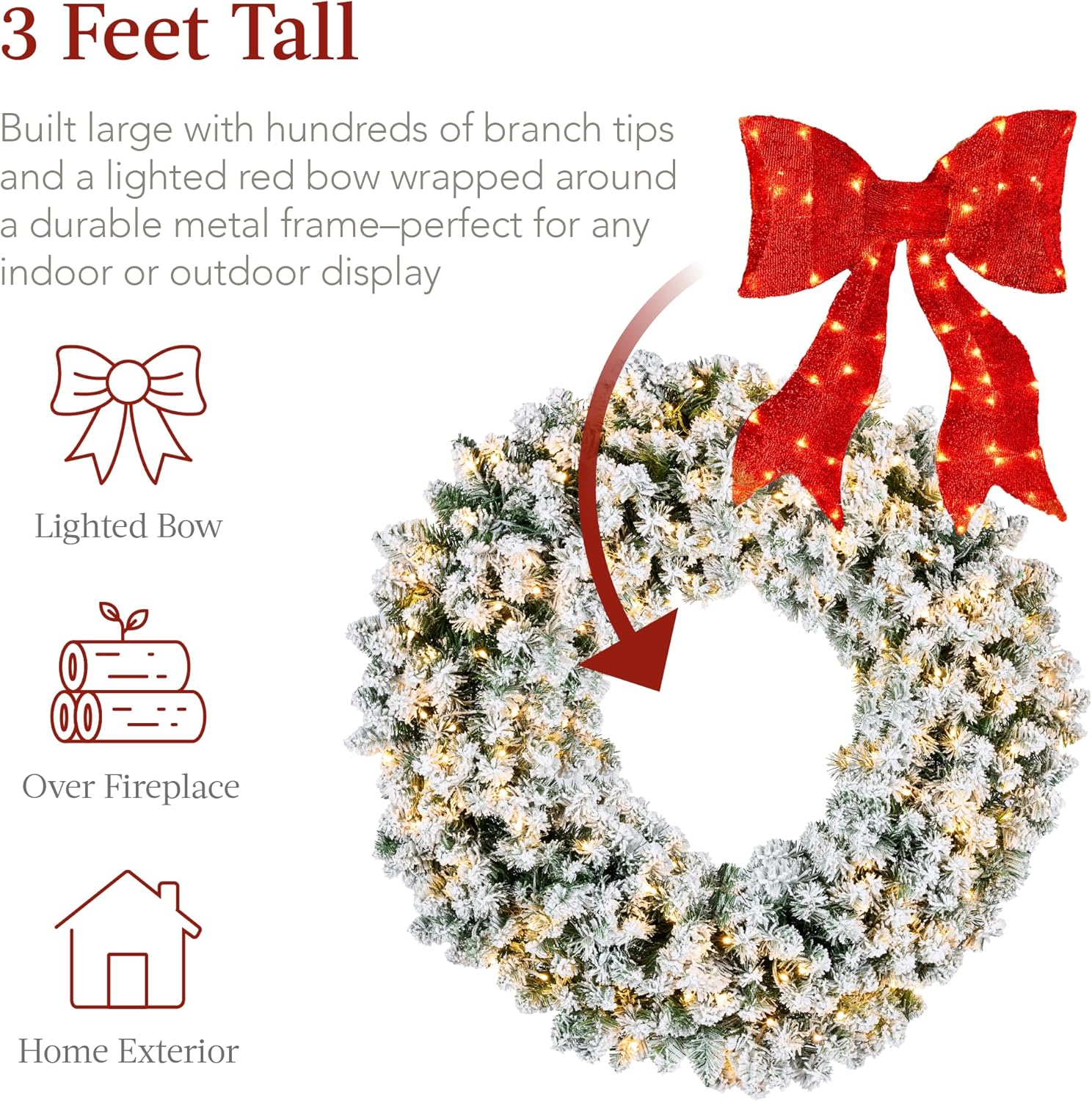 Best Choice Products 36in Large Flocked Artificial Pre-Lit Fir Christmas Wreath Holiday Accent Decoration for Door, Mantel w/Red Lighted Bow, 150 LED Lights, 300 PVC Tips, Power Plug-in - Image 3