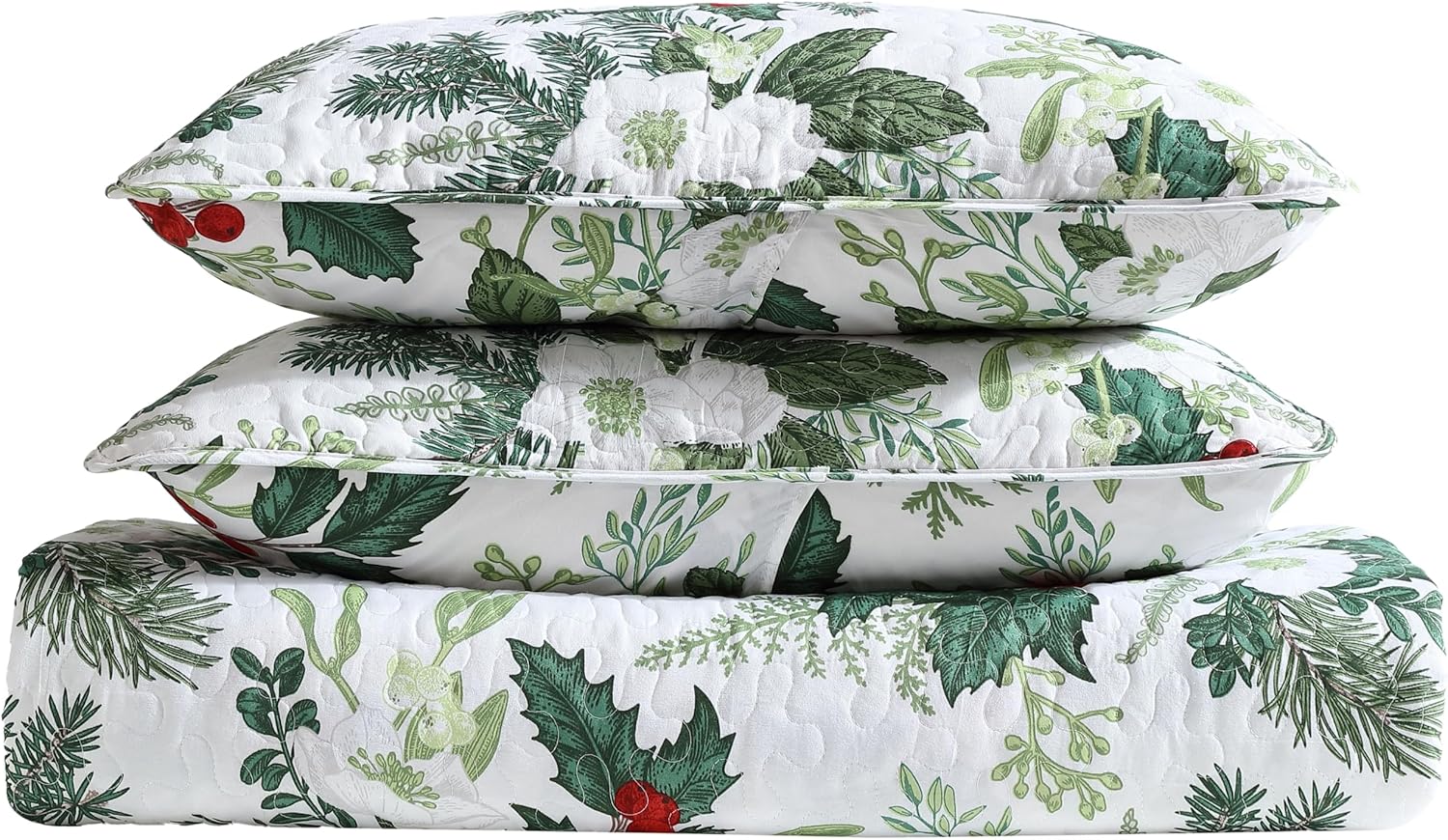 Beatrice Home Fashions Lightweight Full/Queen Holiday Quilt Bedding Set Green Bouquet, Holly Berry, Green, White, Red Full/Queen Green, White, Red