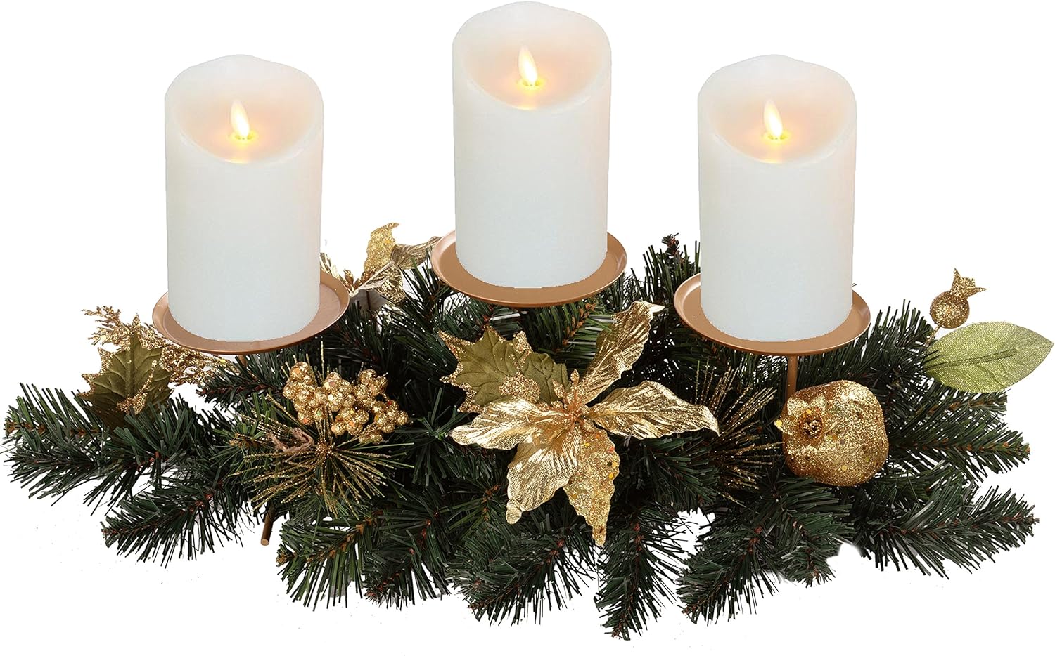 Gold & Glitter Table Centre Piece with 3 Pillar Candle Holder Christmas Decoration-Size 52cm