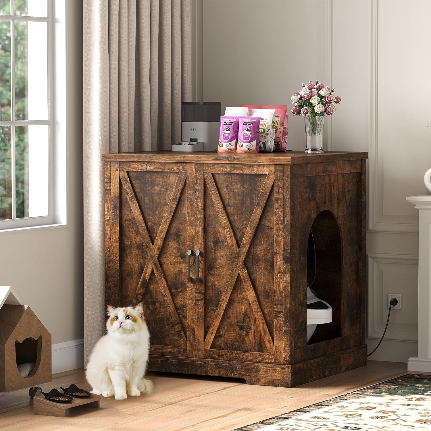 Heybly Litter Box Enclosure,Large Robot Cabinet with Charging Station,Wooden Cat Litter Box Enclosure Furniture for Self-Cleaning Robot 3 & 4,Hidden for Smart Litter Box Size, Rustic Brown HCLB004SR