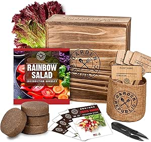 Indoor Garden Vegetable Seed Starter Kit - Rainbow Salad Grow Kit, Non GMO Heirloom Seeds for Planting, Wood Planter Box, Soil, Pots, Plant Markers, DIY Home Gardening Gifts for Plant Lovers