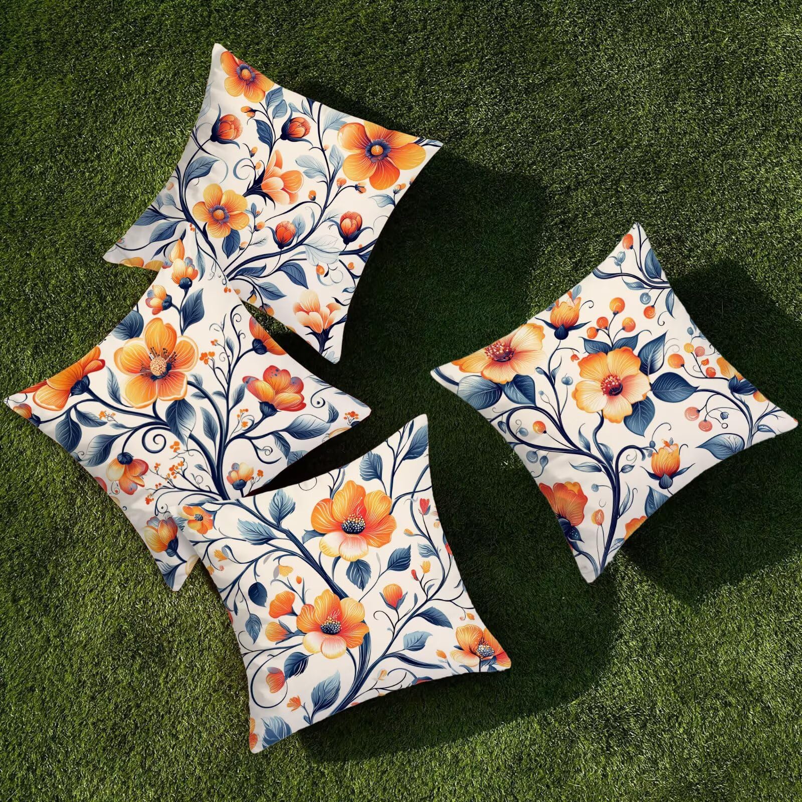 Outdoor Kissenbezug 65x65cm 4er Set Outdoor Wetterfest Kissenbezüge Bunte Wasserdichte Leinen Dekorative Kissenhülle Frühling Sommer Zierkissenbezug für Balkon Terrasse Bett Garten Deko (Anlage) Y-74