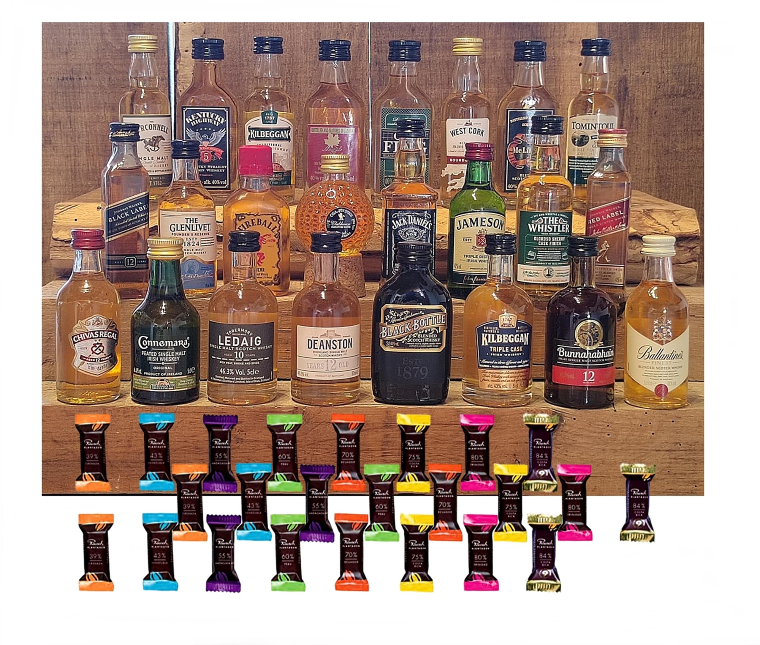 24 Original Whisky Miniaturen International Set je 40ml/50ml) & 24 Edelschokoladen in 8 Sorten - Großes Whisky Tasting Set für Männer & Genießer
