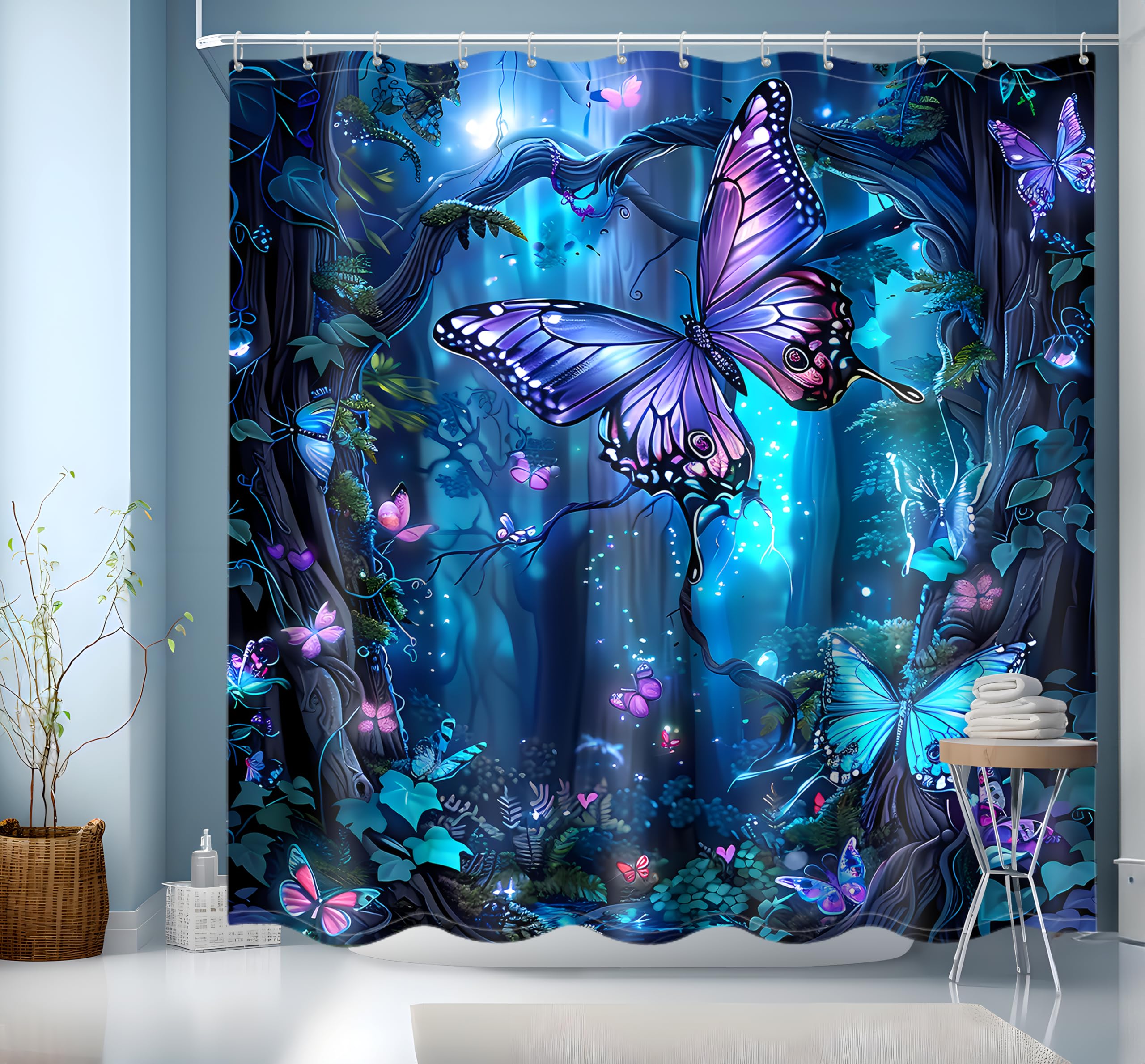 JINGYOU Blue Shower Curtain, 200cm Drop, Weighted Bathroom Curtain with 12 Hooks - 3D HD Butterfly Theme