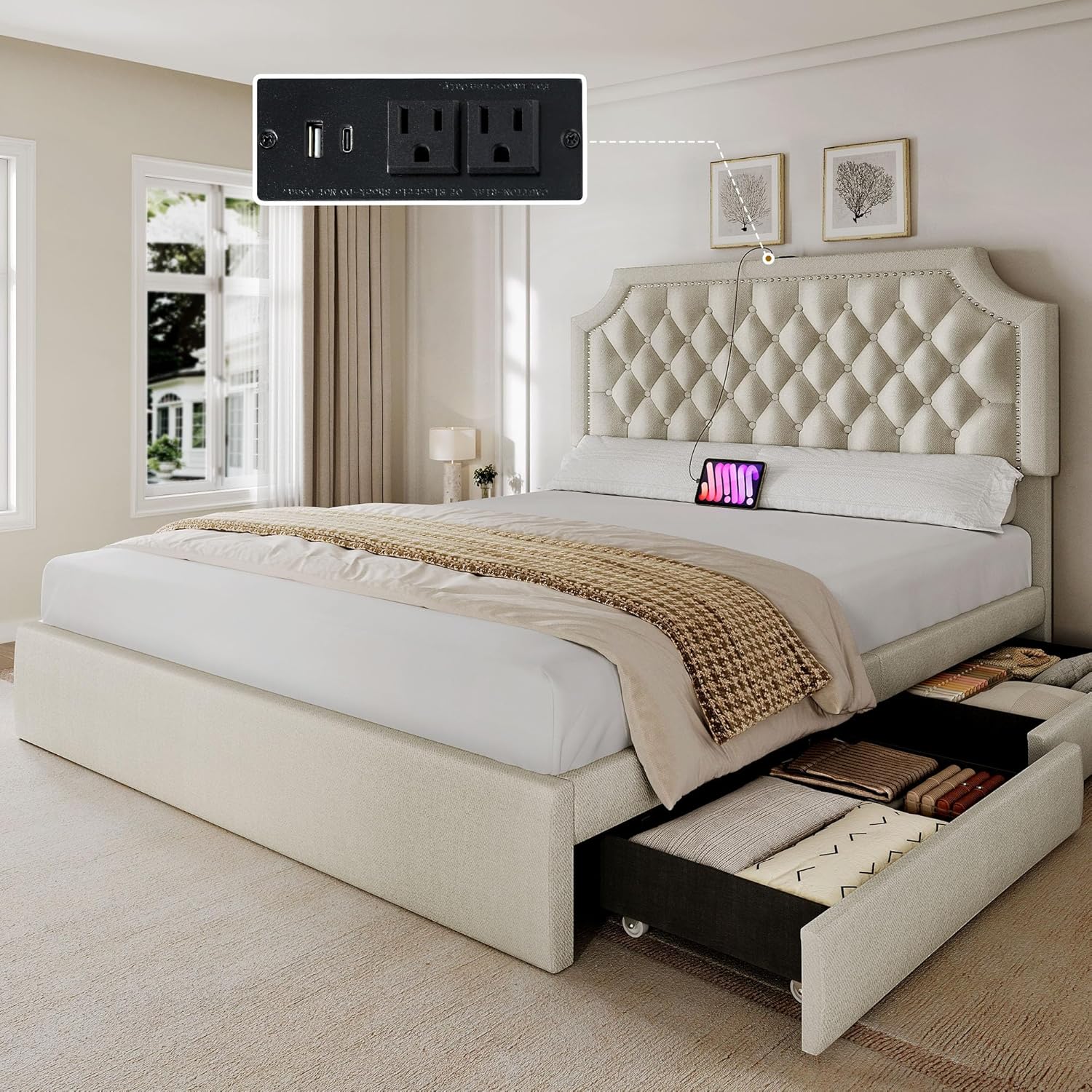 YITAHOME Queen Size Bed Frame with Adjustable Headboard, 4 Storage Drawers and Charging Station, Linen Upholstered Bed Frame with Button Tufted, No Box Spring Needed, Fast Assembly, Noise-Free, Beige