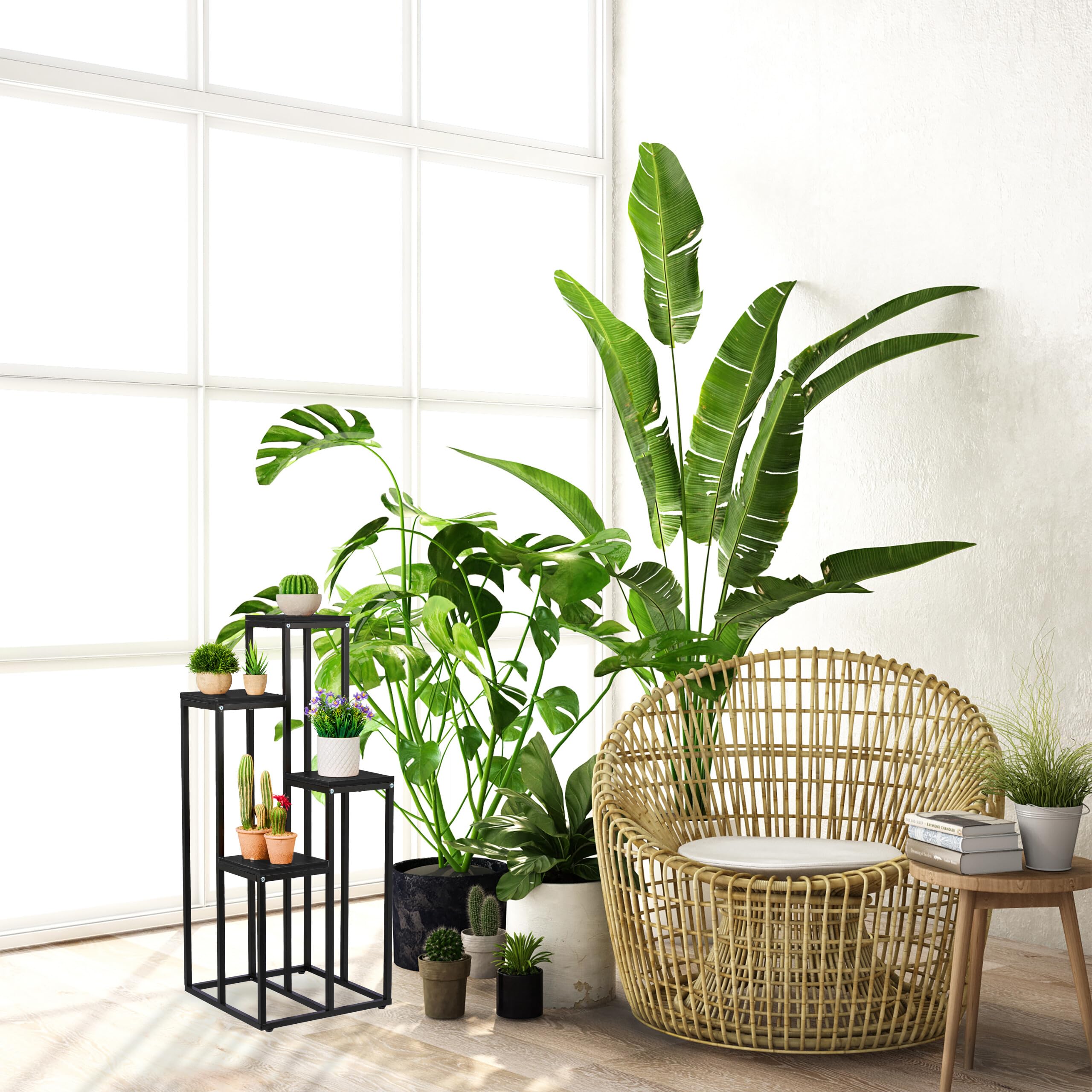 Relaxdays plantenrek, met 4 etages, HxBxD: 100 x 40 x 40 cm, woonkamer, staal, MDF, planten etagere, wit-natuur