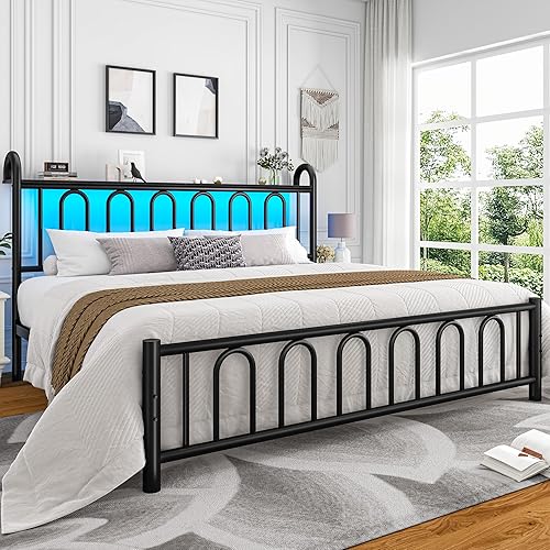 Marco de cama tamaño King con plataforma de metal, cabecera victoriana, luz LED, base de colchón resistente con almacenamiento debajo de la cama, no