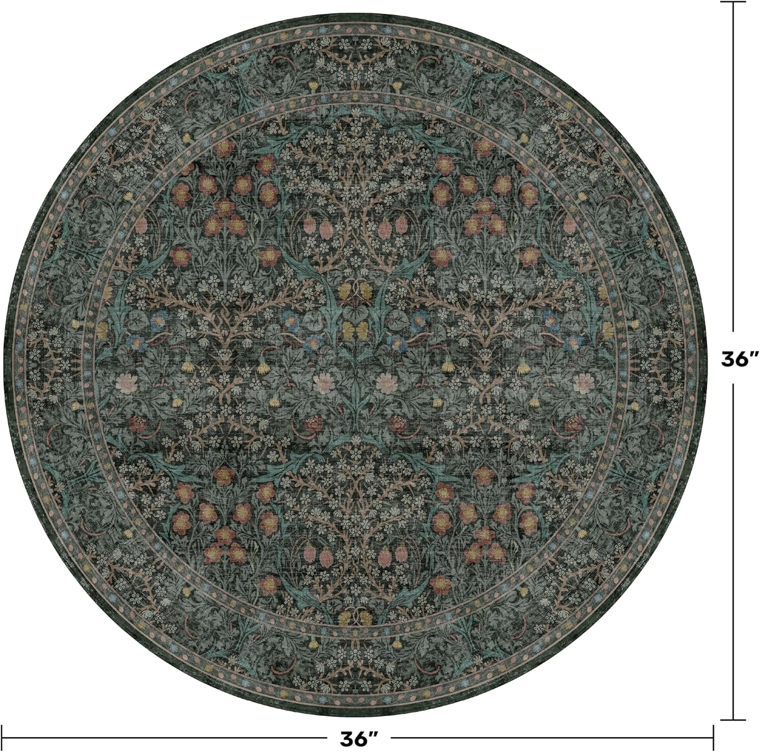 Vintage 3ft Round Washable Entryway Rug, Soft Small Round Area Rugs for Indoor Door Mat, Bedroom, Kitchen, Bathroom, Living Room, Ultra-Thin Non-Slip Dark Green Floral Front Door Circle Rug Décor