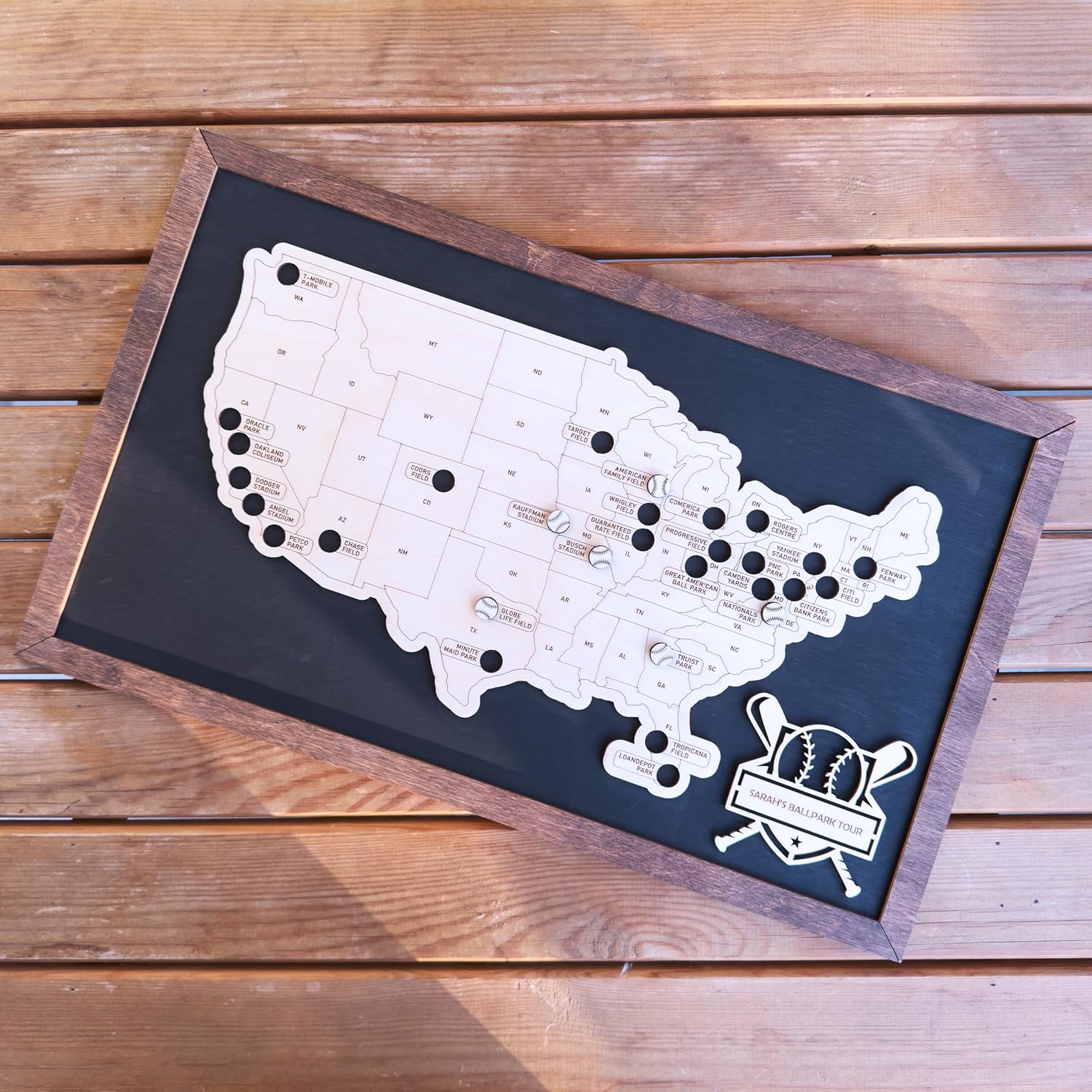 Baseball Stadium Map Tracker, Pro Baseball Stadium Tracker, Personalized Wooden Ballpark Stadium Tracker, Custom Baseball Stadium Map, Gift for Baseball Lover, Gift for Dad (Without Silhouette)