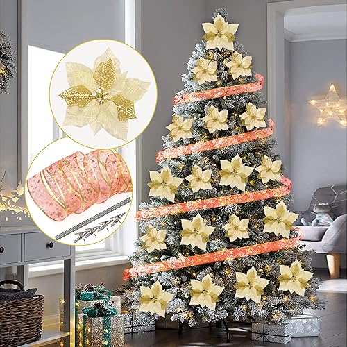 20 piezas de flores de Pascua artificiales de Navidad, 20 clips y cinta de 11 yardas, adornos de corona de árbol de fiesta de Navidad con purpurina