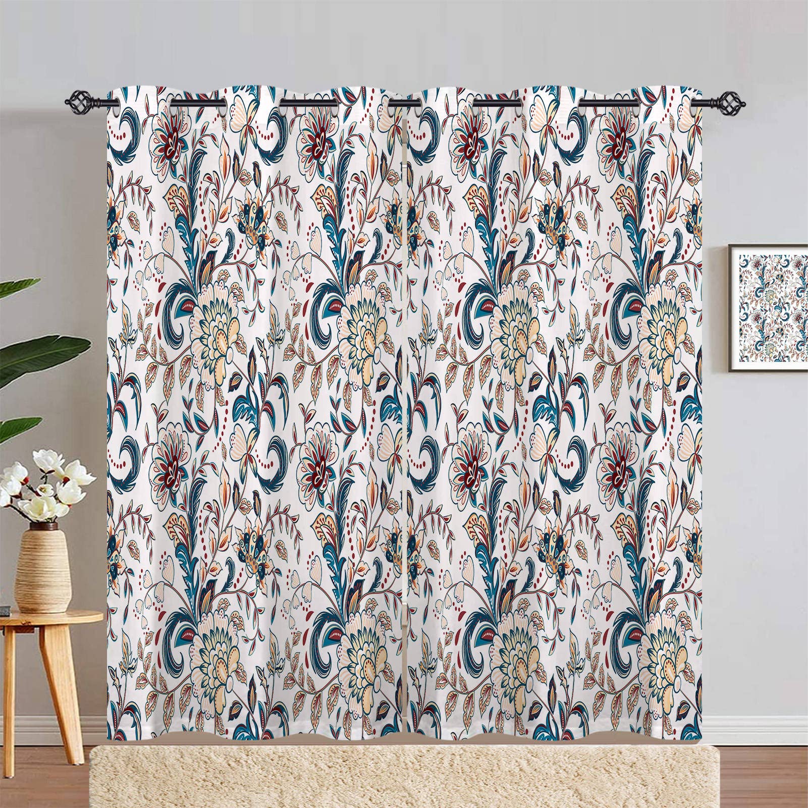 ANHOPE Floral Curtains Eyelet 80% Blackout Room Darkening Curtains Retro Style Vintage Flower Print Pattern Thermal Light Blocking Window Drapes for Bedroom Living Room 66 x 90 Inch Drop 2 Panels