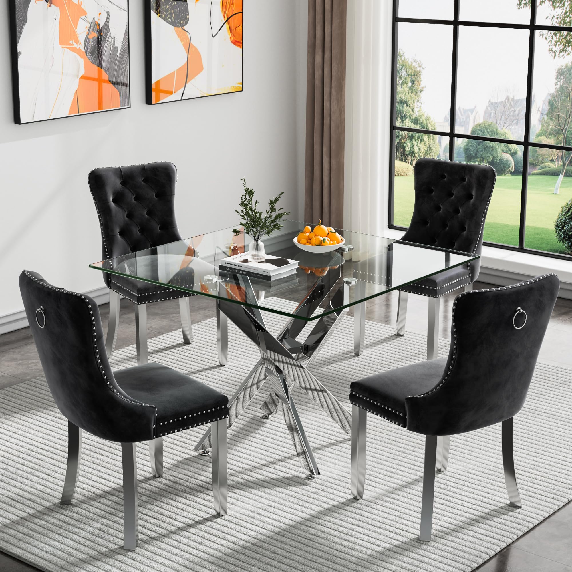 KUVADAZ 36" Modern Silver Glass Dining Room Table Set for 4, 5-Piece Square Kitchen Dining Table Set with Cross Metal Legs and 4 Black Velvet