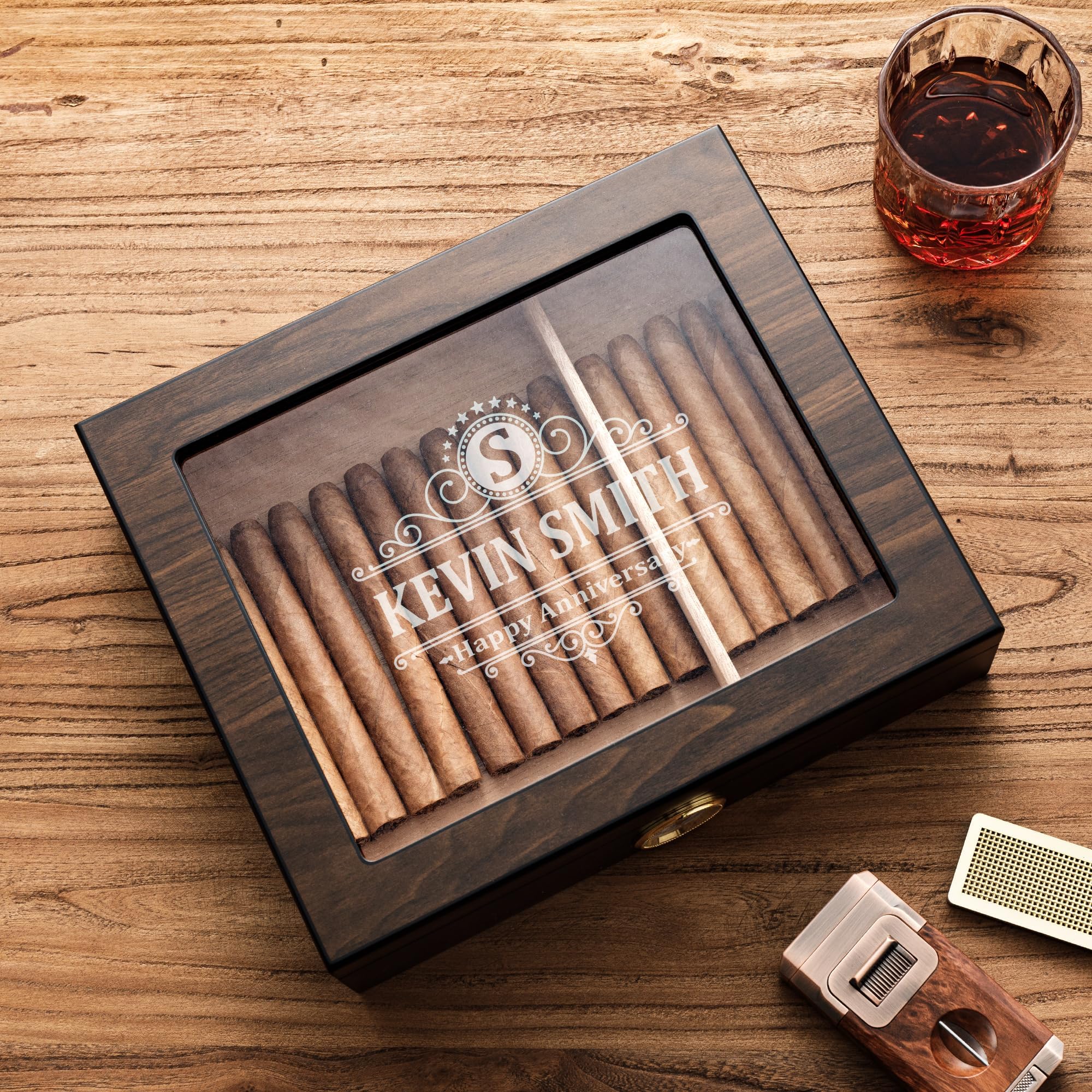 Woodronic Monogrammed Cigar Humidor Custom Cigar Case with Hygrometer and Humidifier Spanish Cedar Lining and Divider Cigar Accessories
