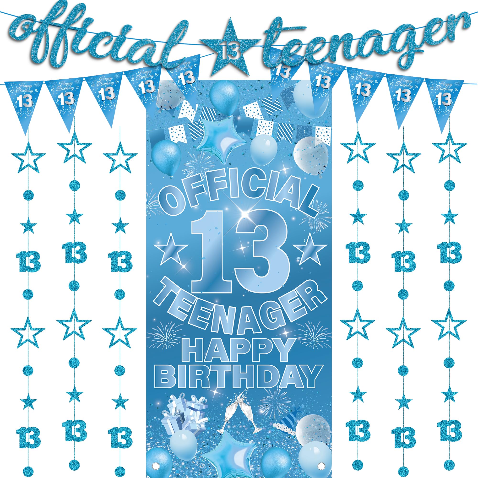 13th Birthday Decorations Party Supplies - 9 Pcs Light Blue Happy Birthday Banners Official Teenager Backdrop Glitter Star Hanging Streamers for Boys and Girls Teenager 13 Years Old Party Decoration