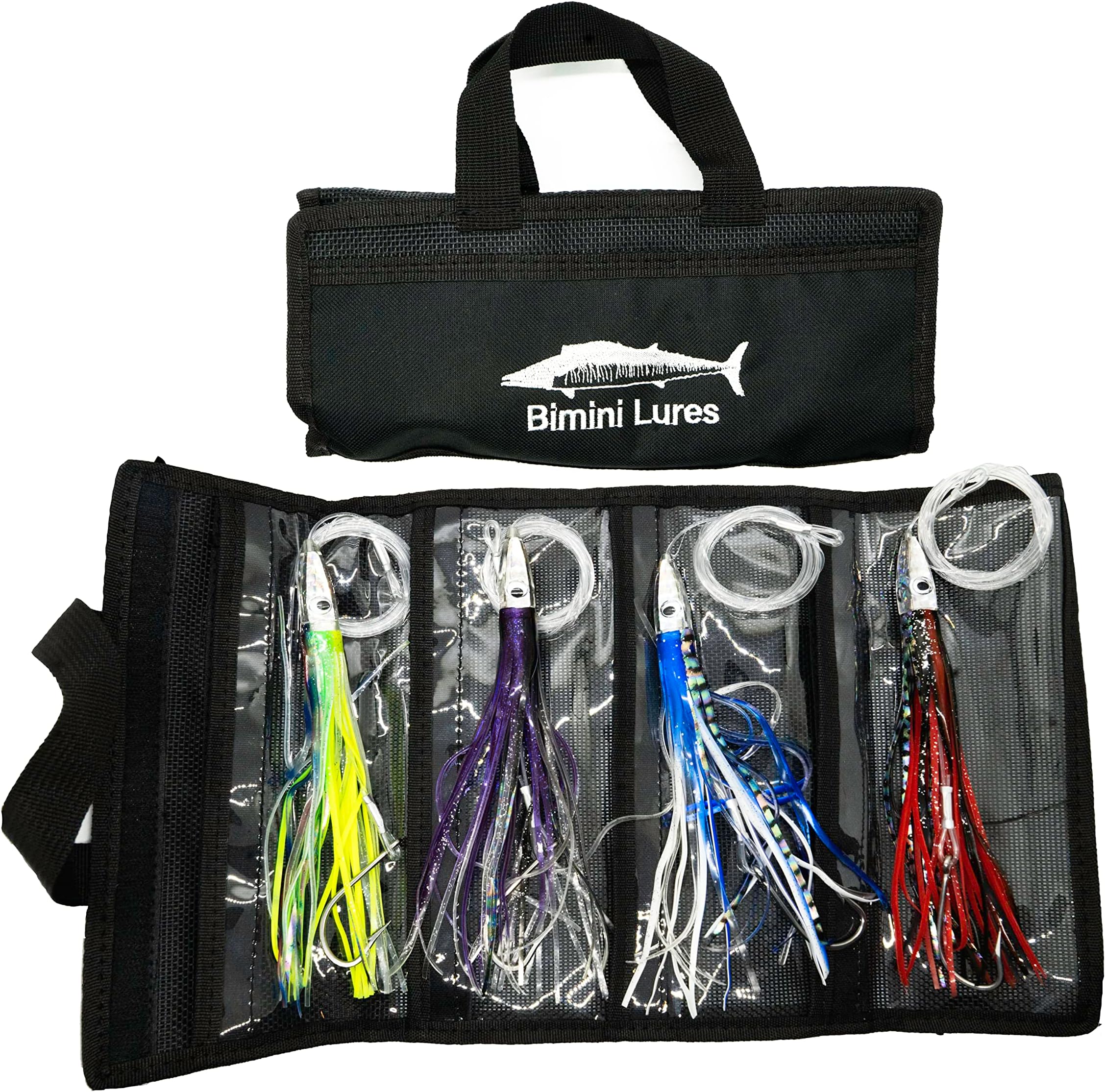 Fishing Set of 4 Trolling Saltwater Skirted : Rigged and Black Bag Included. Catch Any Predatory Pelagic Fish in The Ocean Including Dolphin, Tuna, and Wahoo!