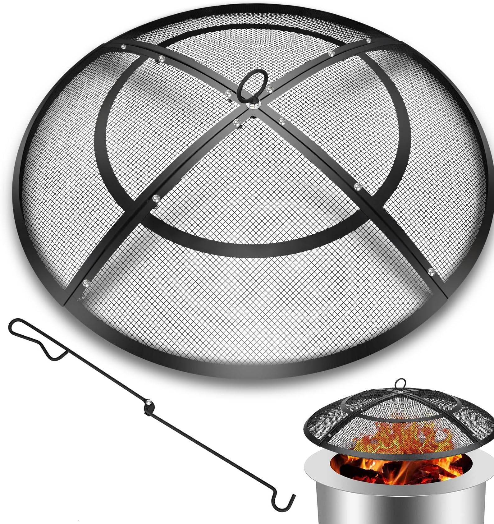 Fire Pit Spark Collapsible Outdoor Fire Pit with Handle & Poker, Heavy-Duty Steel Mesh Fire Pit Round Cover