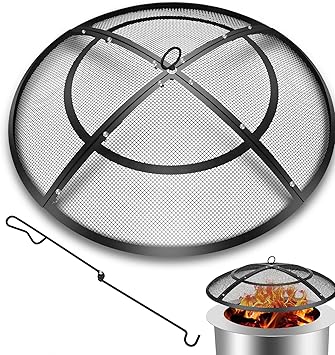 Fire Pit Spark Screen,24 Inch Fire Pit Screen Cover Outdoor with Handle&Poker,Firepit Screens Round Cover Mesh Replacement Heavy-Duty Steel Fire Pit Cover for Backyard/Beach/RV Camping
