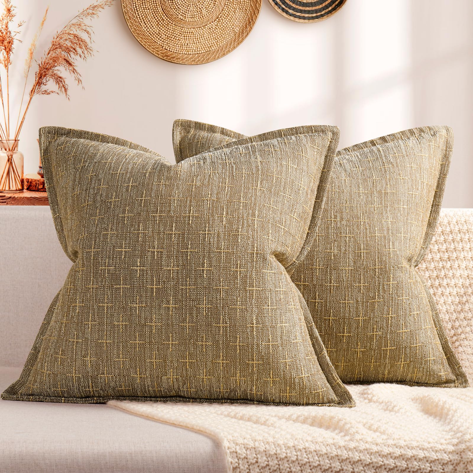 ZWJD Pillow Covers 24x24 Set of 2 Soft Polyester Textured Pillow Covers with Stylish Flange Edge Cozy Farmhouse