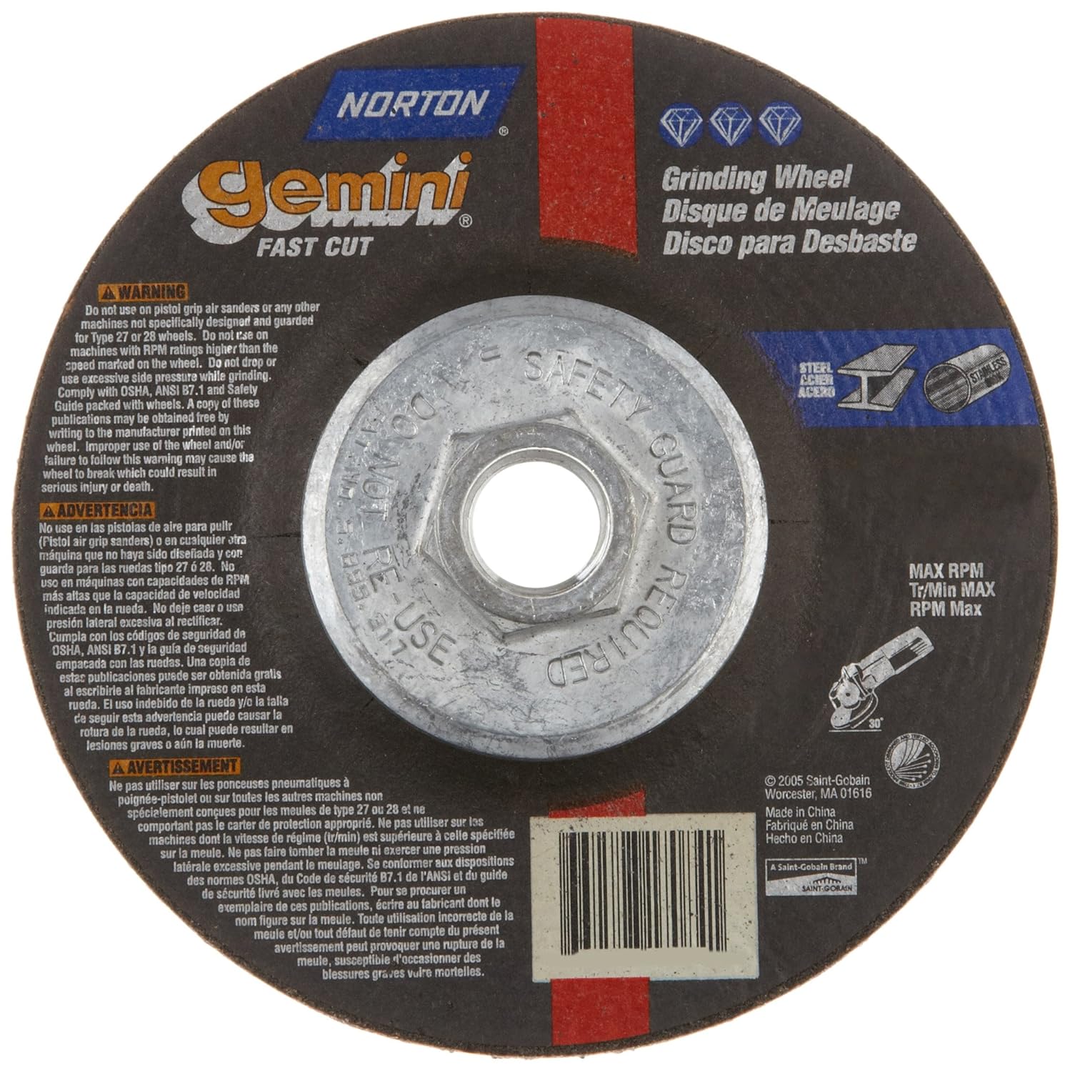 Norton Gemini Fast Cut Depressed Center Abrasive Wheel, Type 27