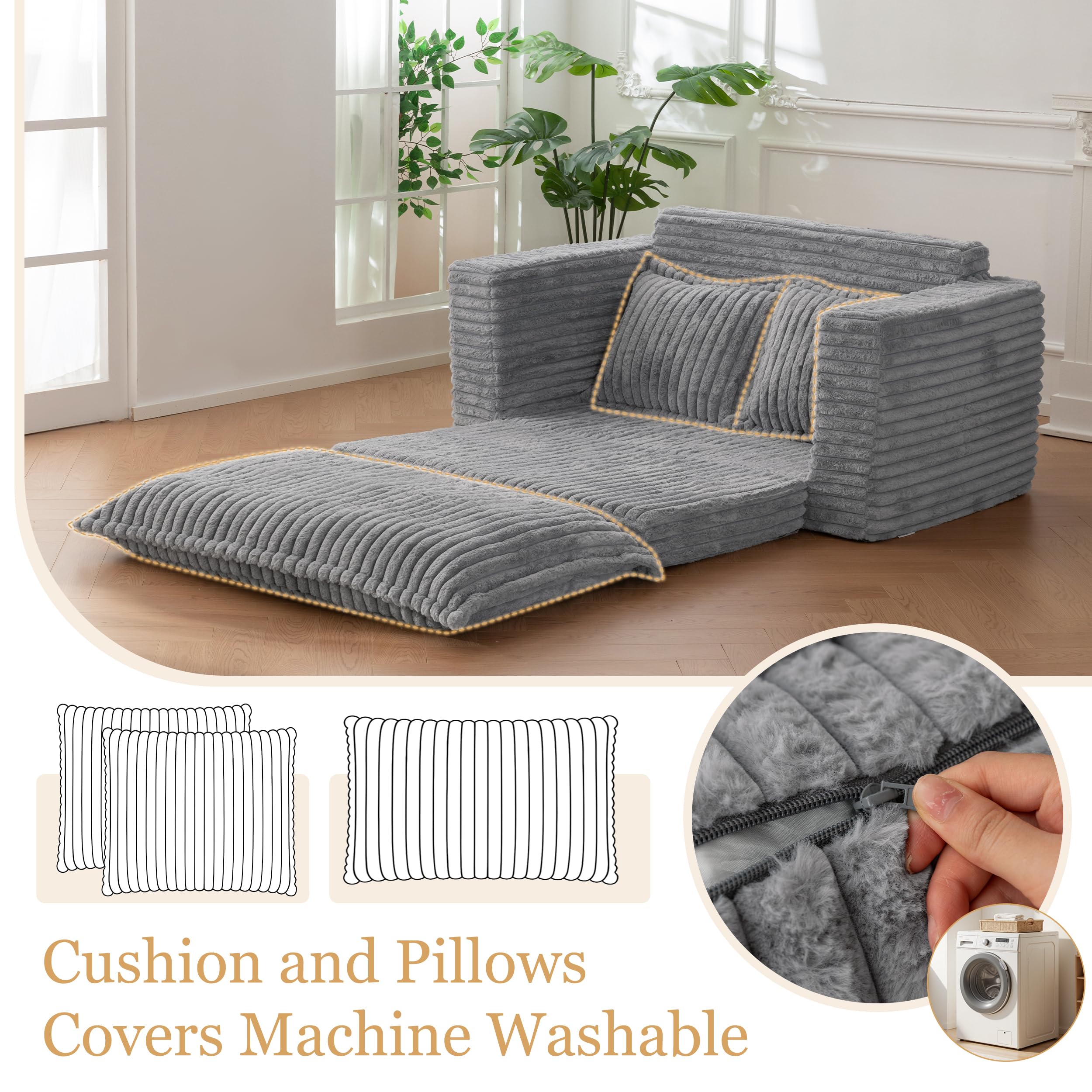 Loveseat Sleeper Sofa, Convertible Sofa Bed Couch Futon Couches for Living Room, 3-in-1 Pull Out Floor Couch with Cushion and Pillows, Dark Grey