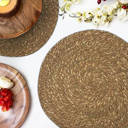 Miniatura 9 de Lightnpro - Juego de 4 manteles individuales redondos de hierba marina natural, platos cargadores redondos diseñados para decorar tus Navidad,