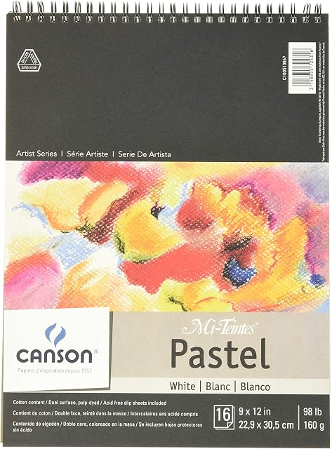 Canson Mi-Teintes Pastel Paper Pad, White with Glassine, Dual Sided Light and Heavy Texture, Top Wire Bound, 98 Pound, 9 x 12 Inch, 16 Sheets, 9"X12"