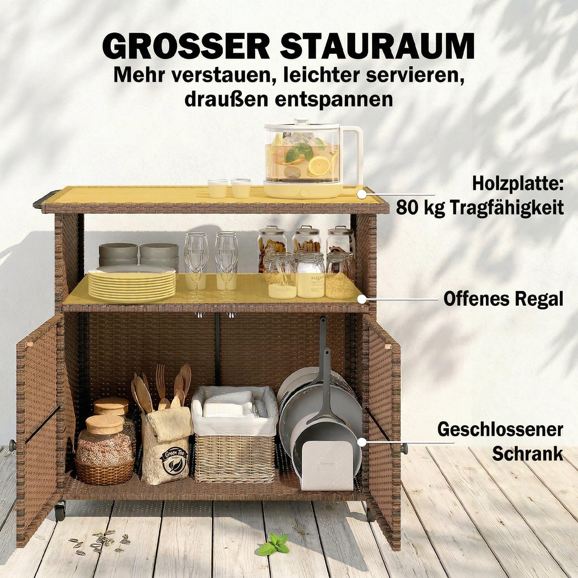 Outsunny Chariot de service en rotin avec plan de travail en bois d'eucalyptus FSC, compartiment de rangement, roulettes, poignée latérale, chariot de bar, chariot de barbecue, chariot d'appoint pour