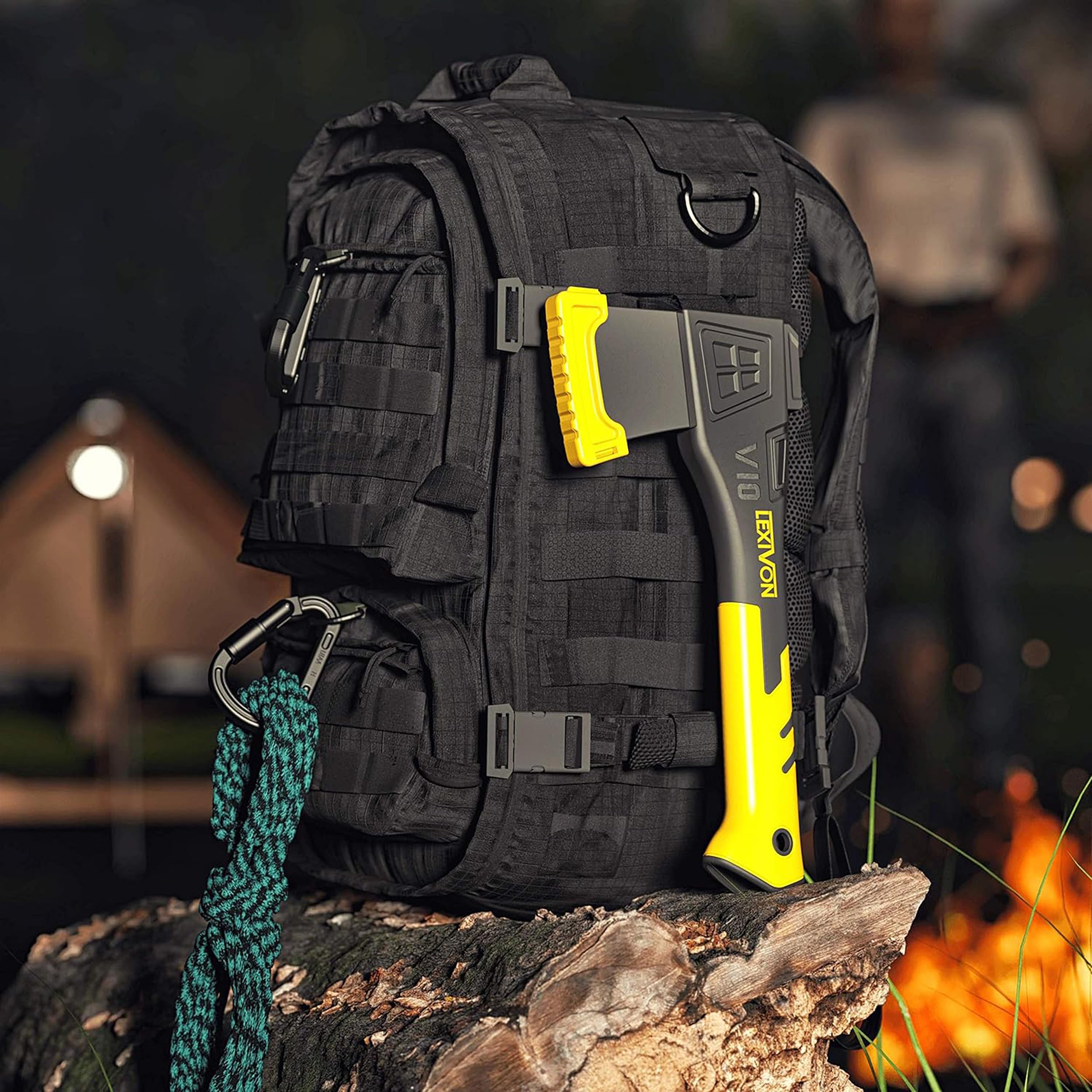 LEXIVON V10 Hacha de Camping de Longitud: 25 CM | Agarre ergonómico TPR, Mango Compuesto Ligero de Fibra de Vidrio | Funda Protectora incluida (LX-V10)