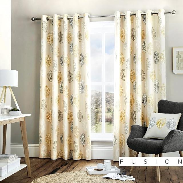 Fusion - Skandi Leaf - 100% Cotton Ready-Made Pair of Eyelet Curtains - 46" Width x 54" Drop (117 x 137cm) in Ochre