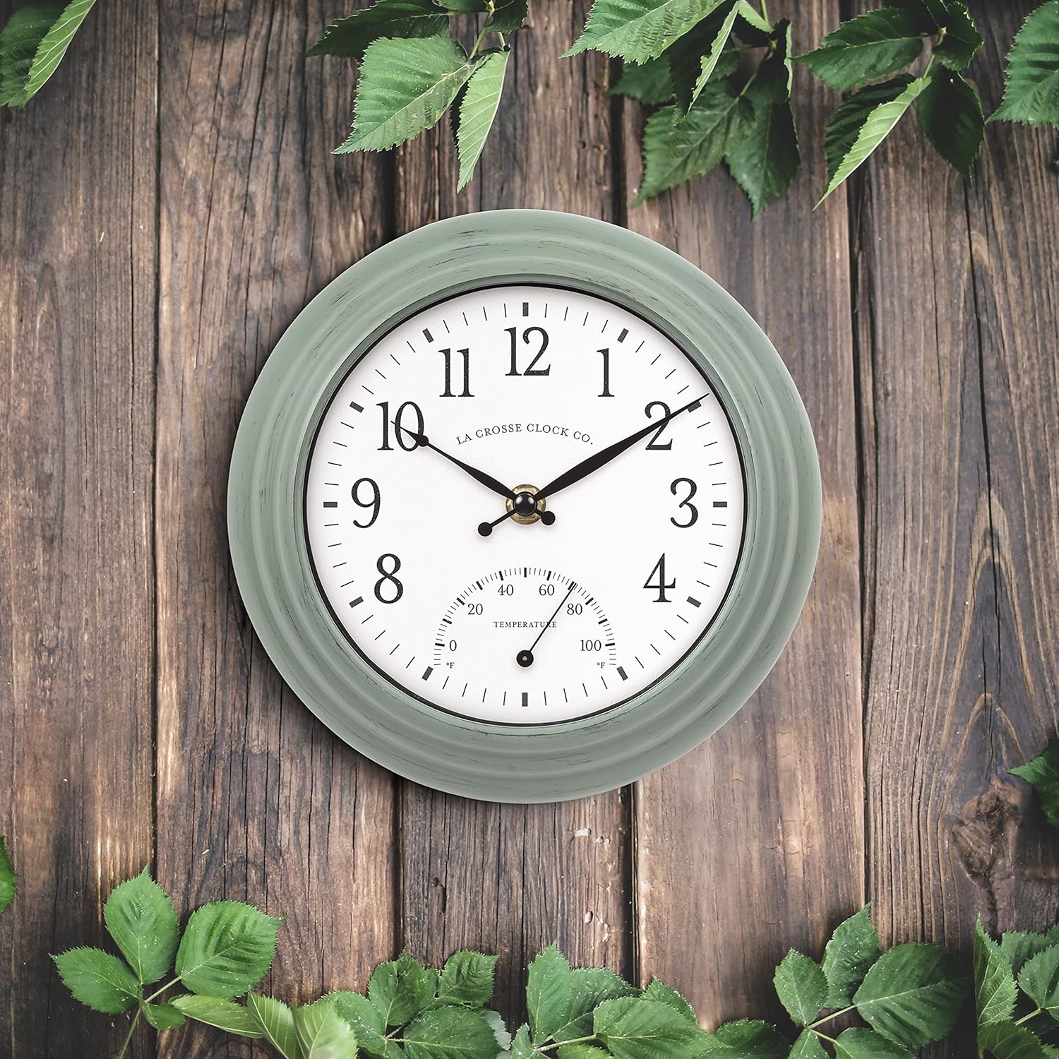 La Crosse Clock 433-3020 8-inch Indoor/Outdoor Sage Green Quartz Wall Clock with Temperature