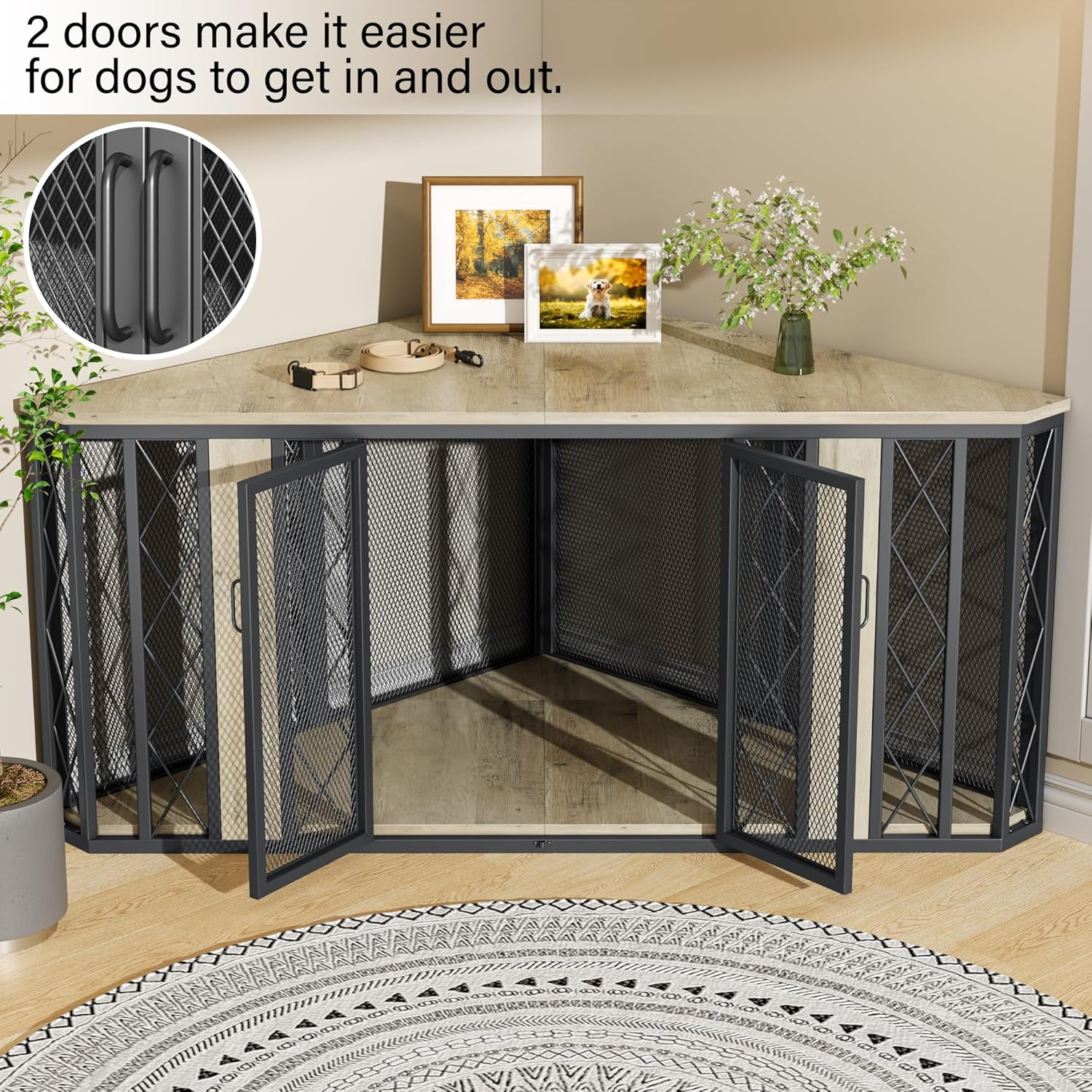 kepptory 67" Corner Wooden Dog Crate Furniture with Diamond Metal Decoration, Pet Kennel for Small, Medium and Large Dogs, Space-Saving Dog Cage for TV Stand(Grey)