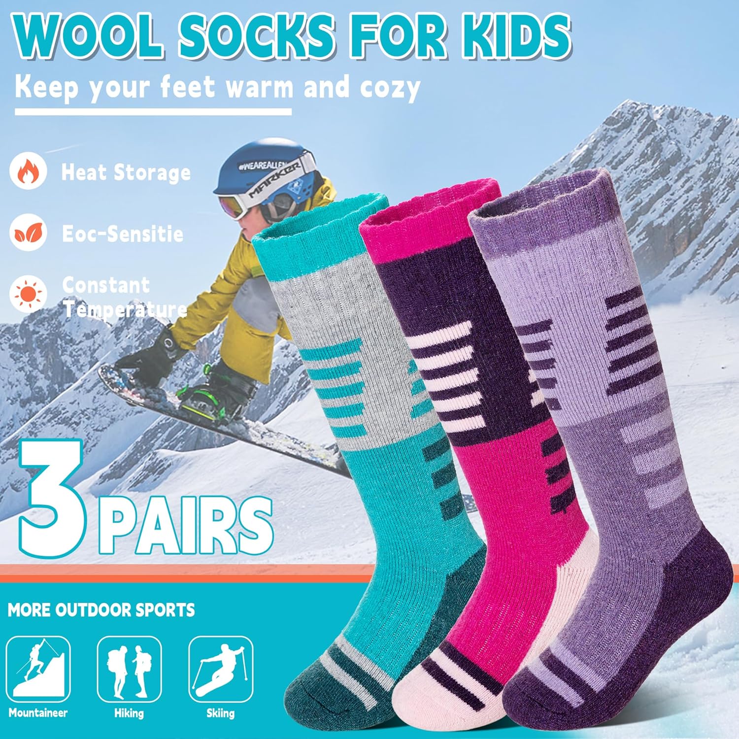 Velice Kids Merino Wool Ski Socks 3 Pairs Boys Girls Thermal Thick Warm Winter Cozy Boot Socks for Skiing Snowboarding - Image 2