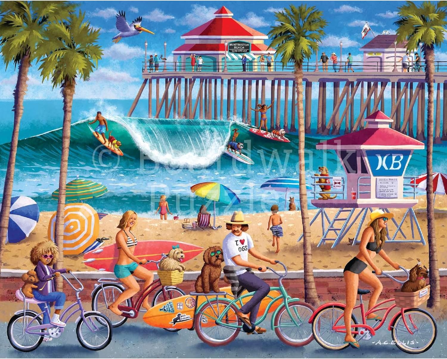Boardwalk Puzzles Dog Surfing - 500 Piece Jigsaw Puzzle for Adults, Made in USA