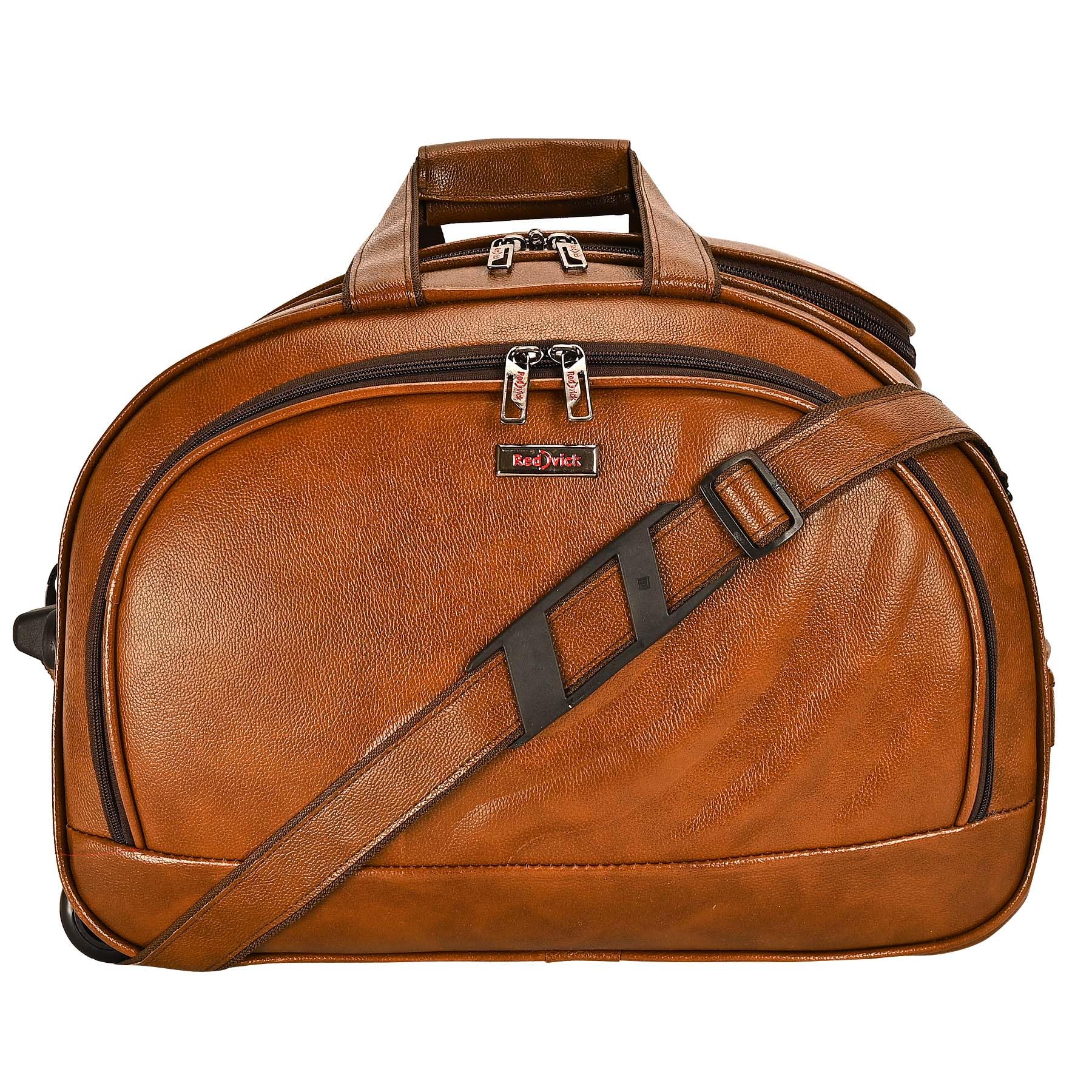 redvick Faux Leather Duffle Trolley Bag with 2 Wheels, Black (TAN)-picture-25