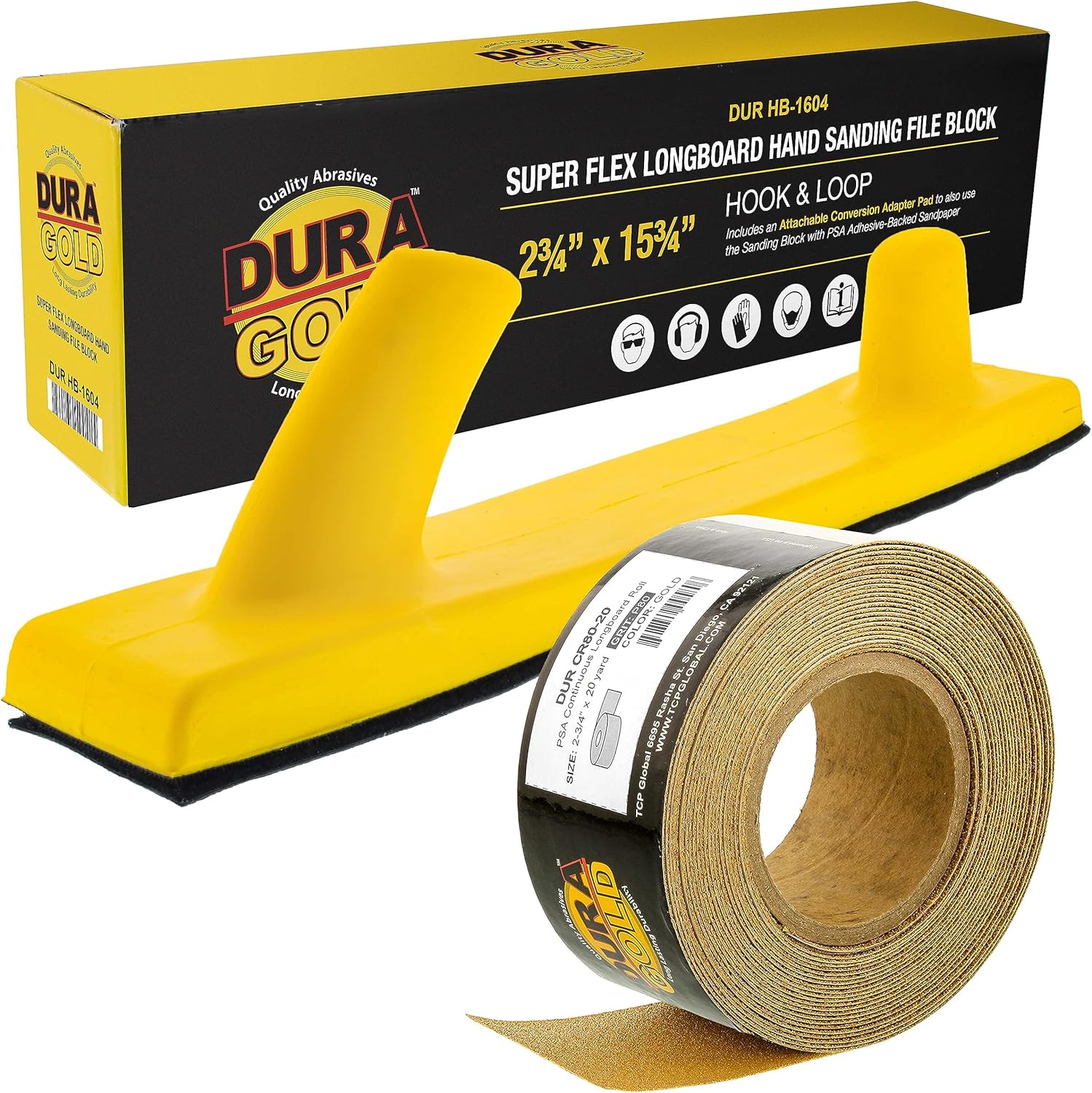 Dura-Gold Pro Series Super Flex Longboard Hand Sanding File Block with Both Hook & Loop Backing and PSA Backing Conversion Adapter Pad with 80 Grit Gold PSA Longboard Sandpaper