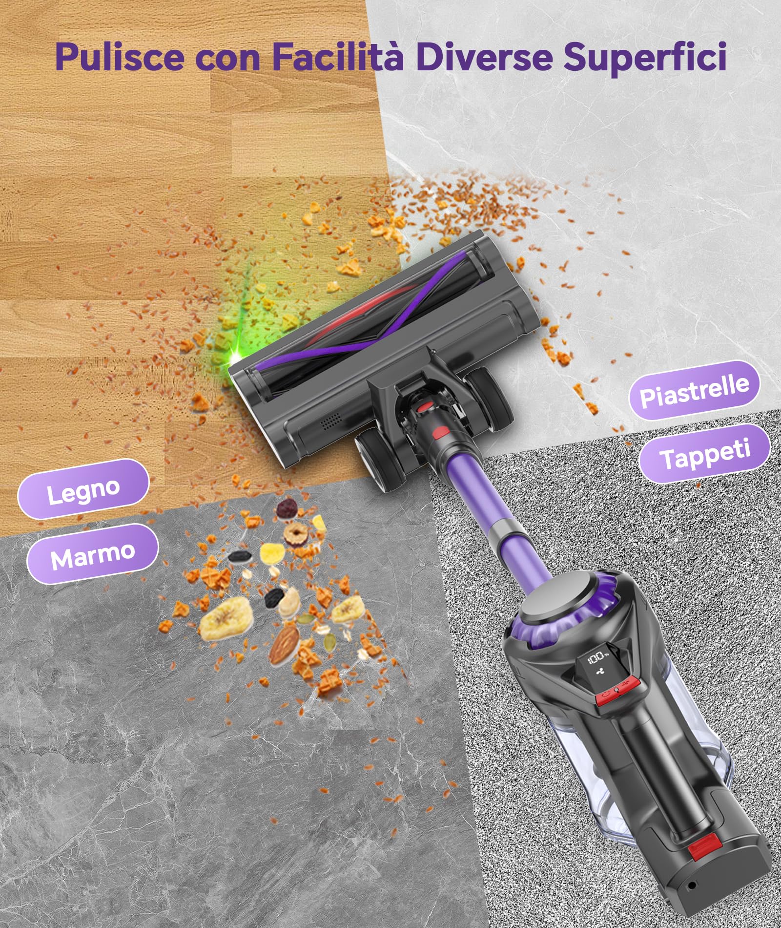 Aspirapolvere Senza Fili 40KPa 450W Motore Potenziato 50Min, 1.6L Scopa Elettrica Senza Fil Autoportante, Base di Ricarica Muro Spazza Anti Groviglio, Scopa Elettrica per Peli Animali Tappeti Parquet