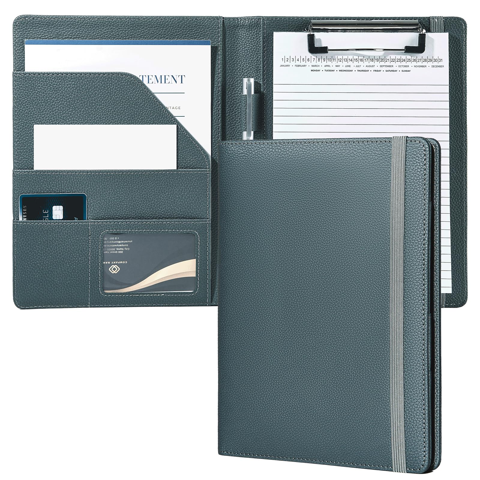 Mymazn Junior Padfolio Portfolio Folder, Small A5 Clipboard with Cover for 5'' x 8'' Writing Pad Notepad Holder Legal Pad Holder for Business School Office Men Women (Grey Green)