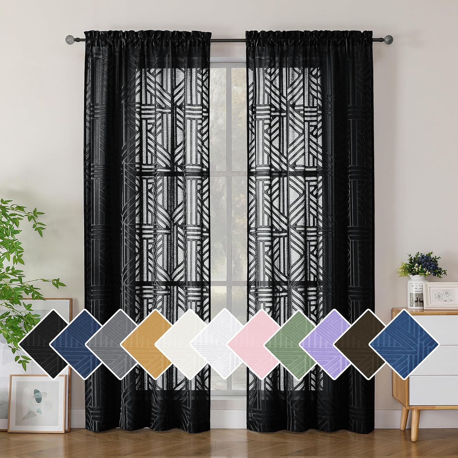 Simplebrand Black Semi Sheer Curtains 84 Inches Long 2 Panels, Light Filtering Geometric Jacquard Clip Textured Sheer Curtains for Bedroom, Modern Elegant Window Drapes, 42x84 inch