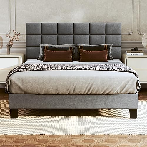 Base de cama tamaño matrimonial tapizada con cabecero ajustable de tela de lino, soporte de listones de madera, no necesita somier, fácil montaje, disponible en Yaxa El Salvador