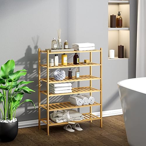 Miniatura 9 de BMOSU Zapatero de bambú de 6 niveles de alta calidad, apilable, organizador de almacenamiento para pasillo, armario, sala de estar, entrada,