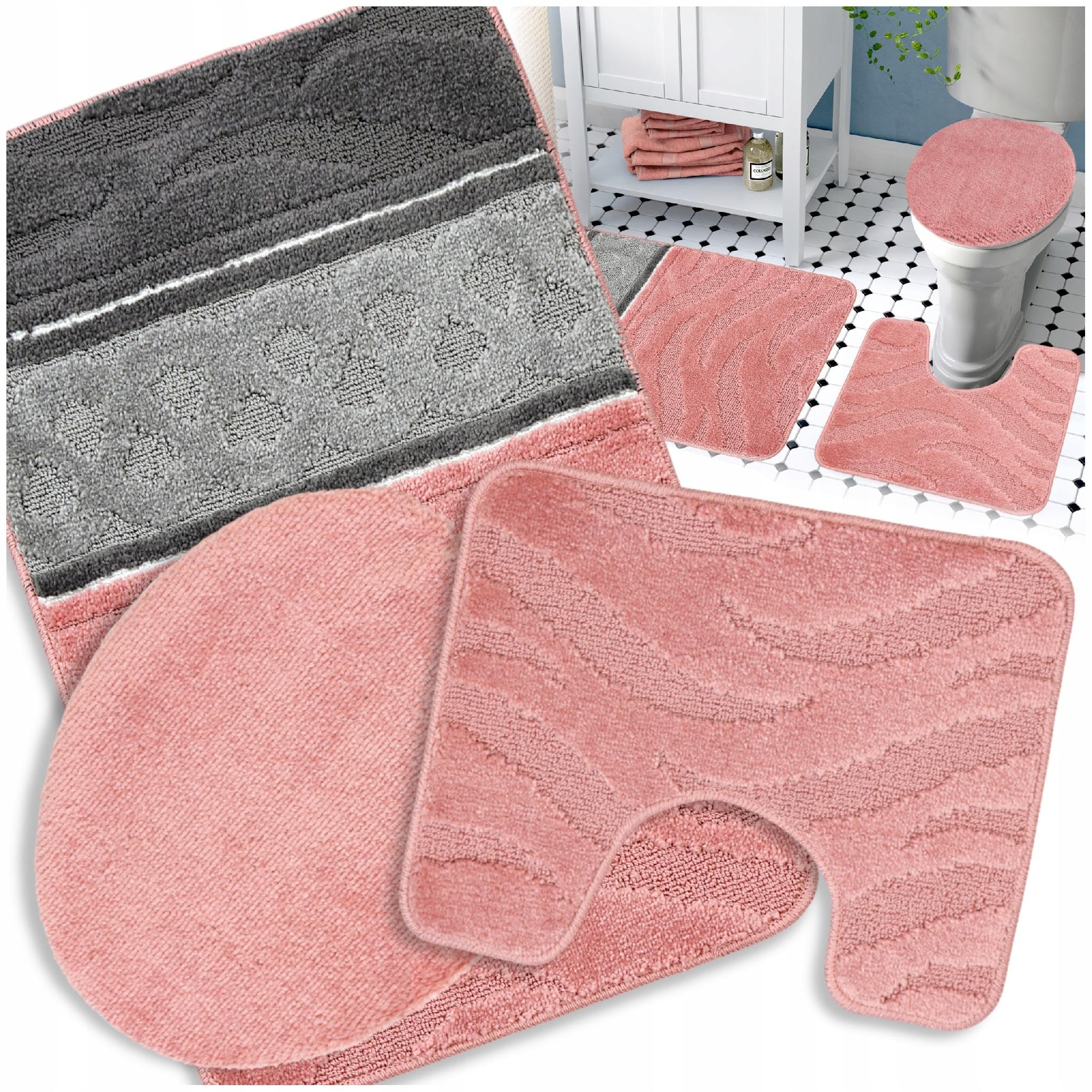 Badteppich Set 3-TLG. Rosa & Grau – rutschfest & Weich, Badematte für Badezimmer Teppich 50x80 cm & 50x40 cm - Ideal für Fußbodenheizung