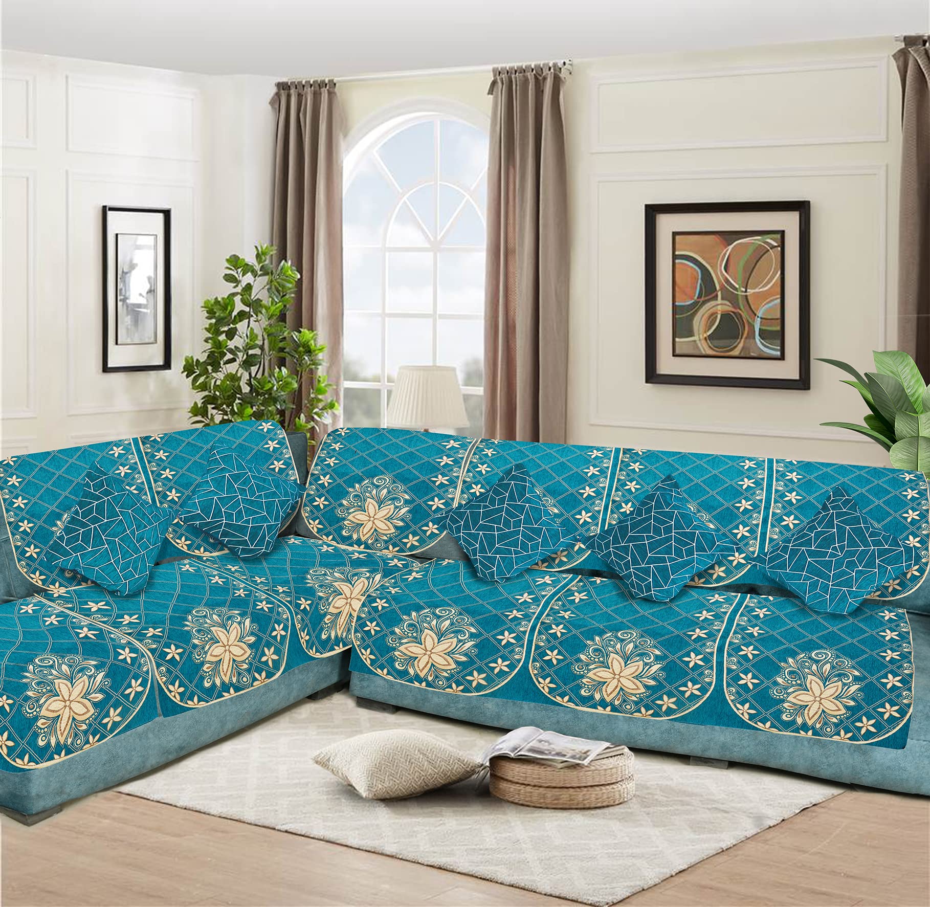 Dazzling DECOR L Shape Velvet Sofa Cover Set - Printed Sofa Back Slip Covers Panels 3 and 2 and 1 Seater Cover for Long Sofa Couch - Premium Slip Cover Protector with Cushion Covers, Aqua_1152-02 (B0B5TYBFLH) Amazon Price History, Amazon Price Tracker