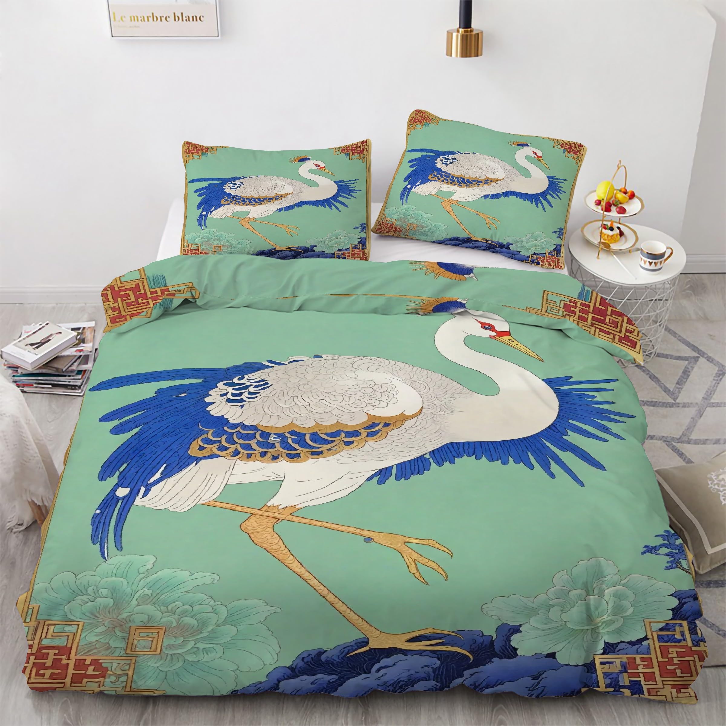 Housse de couette 200x200 paon bleu et 2 taies d'oreiller pour lit 2 personnes