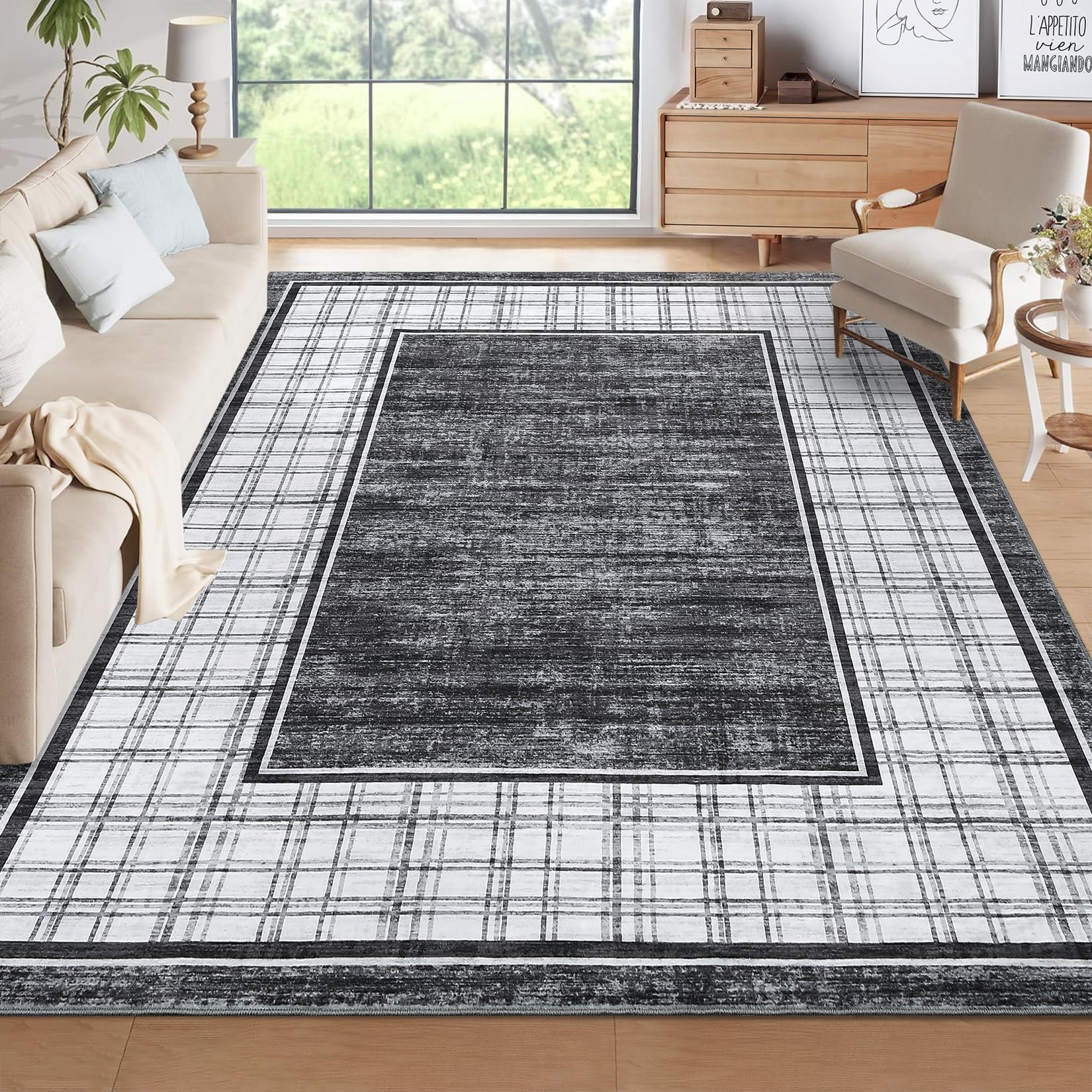 GarveeHome Checkered Area Rug for Living Room 5x7 Washable Rugs, Modern Rug for Bedroom, Non Slip Low Pile Soft Rug Modern Neutral Area Rug for Dining