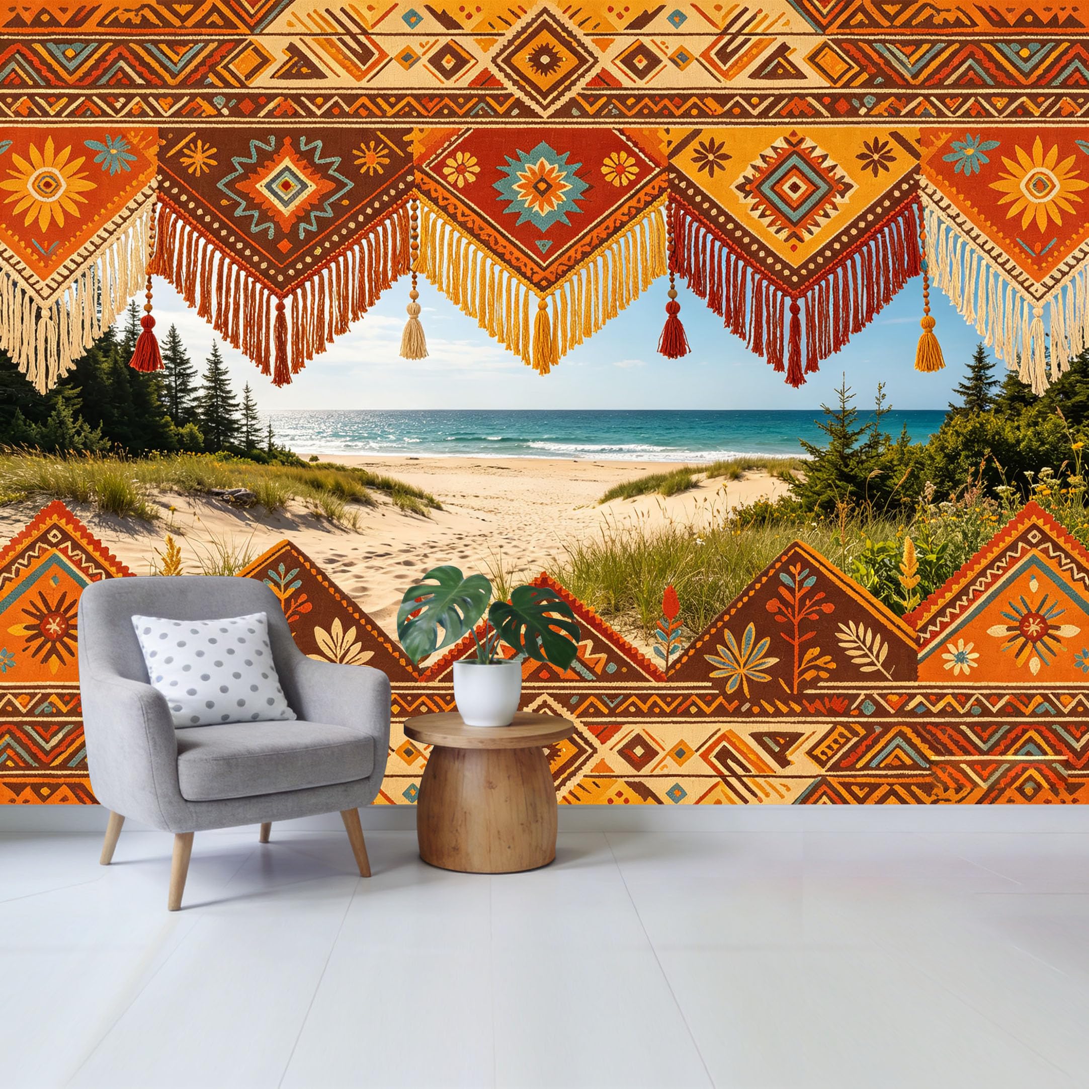 Qzlithotic Yq2605250249 Custom Size Wall Mural Bohemian Tribal Geometric Pattern Coastal Beach Landscape View Selfadhesive Wall Fabric Removable Wallpaper For Home Office Decor