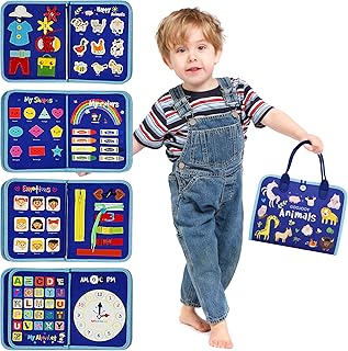 GOOJOOY Busy Board 7 in 1 Motor Skills Toy for Toddlers, Activity Board Montessori Toy from 1 2 3 4 Years for Boys Girls Baby Sensory Learning Toy Basic Knowledge