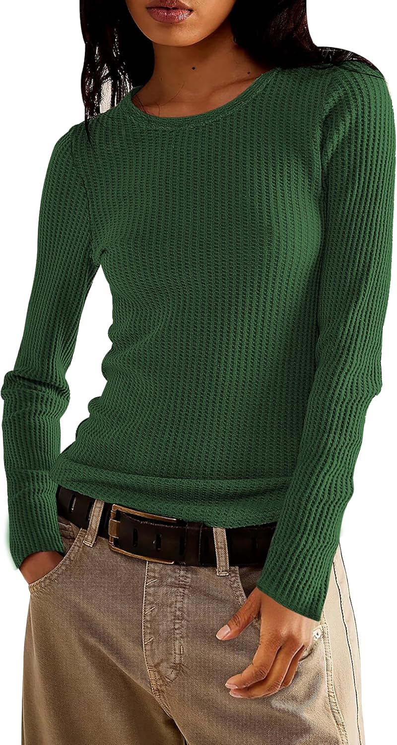 Jar of Love Long Sleeve Shirts for Women Waffle Knit Tops Crew Neck Thermal Shirts Fall Outfits Fahsion Clothes